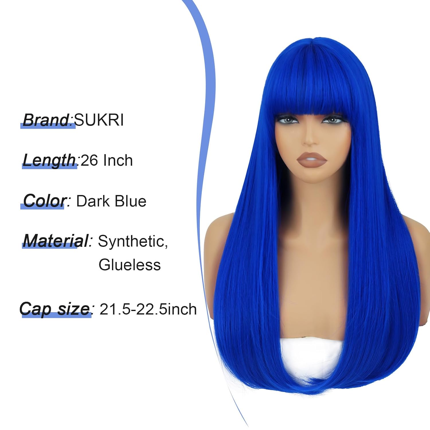 SUKRI Blue Wigs with Bangs Long Straight Dark Blue Wigs for Women Heat Resistant Synthetic Hair for Girls Cosplay Party Halloween Daily Use 22 Inch
