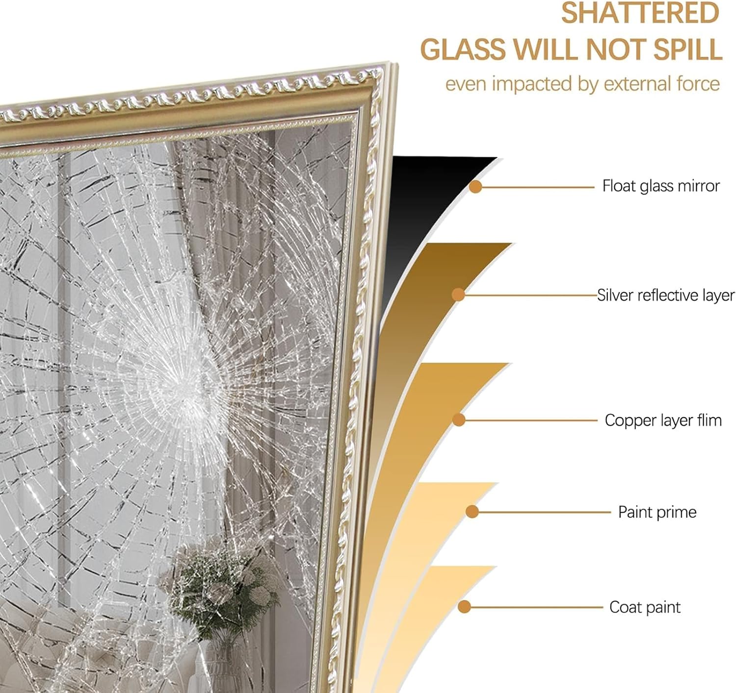 65"x22" Full Length Mirror, Vintage Carved Solid Wood Frame Wall Mirror Full Body Mirrors with Stand for Bedroom, Ultra HD Explosion Proof(Champagen)