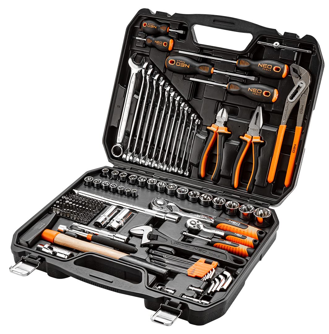 NEO TOOLS Zestaw narzędzi 143 sztuk, stal CRV, stal narzędziowa, do prac mechanicznych, elektrycznych, sanitarnych i domowych, stabilna walizka z metalowymi klamrami