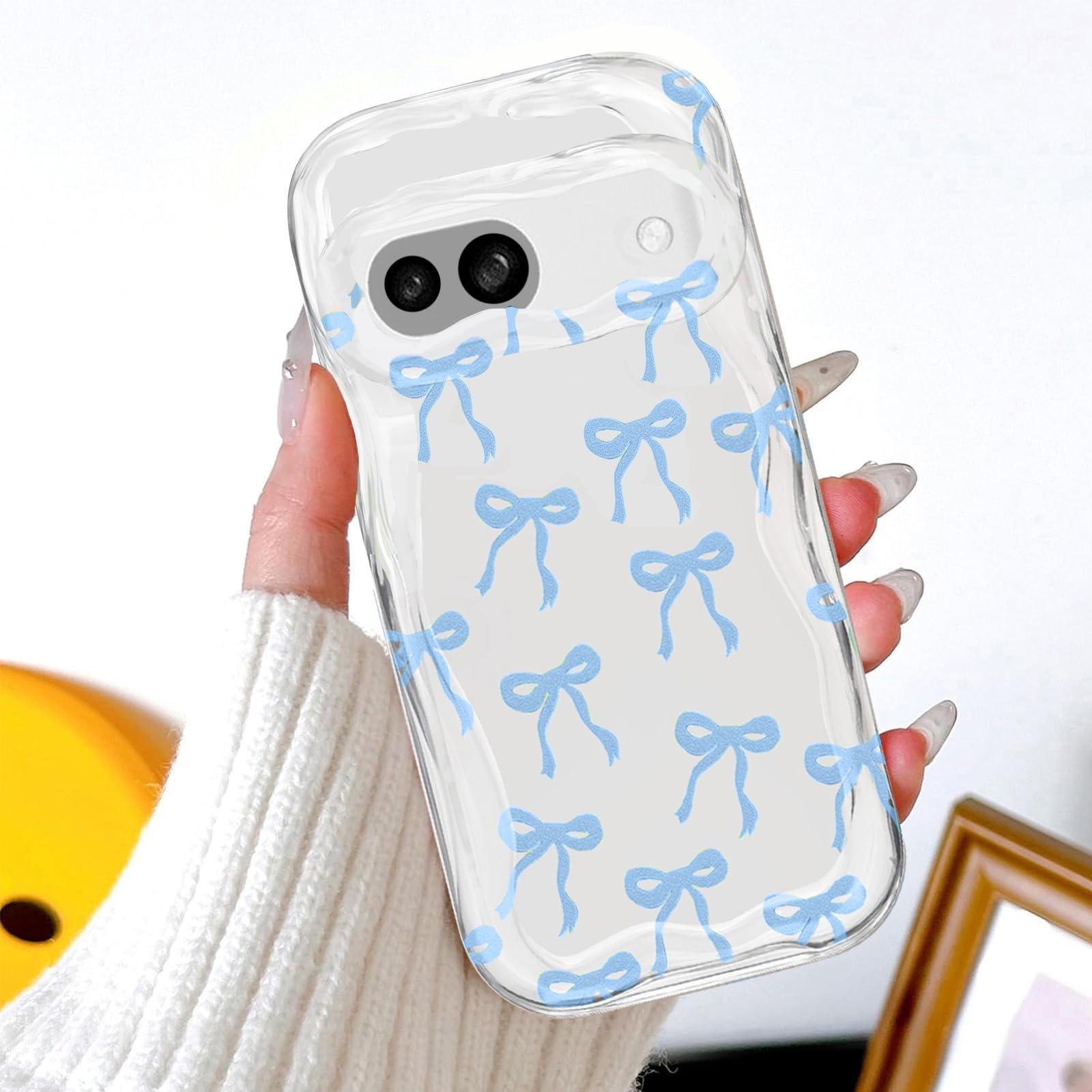 Bow Tie Case for Google Pixel 8A Case, Cute Clear Curly Wave Phone Cover for Women Girls Aesthetic Transparent TPU Bumper Soft Shockproof Case - Blue