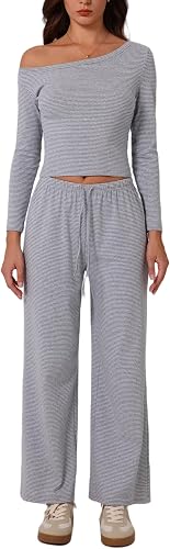 ABOCIW Womens Lounge Sets Striped Off Shoulder Long Sleeve Top Wide Leg Pants 2 
