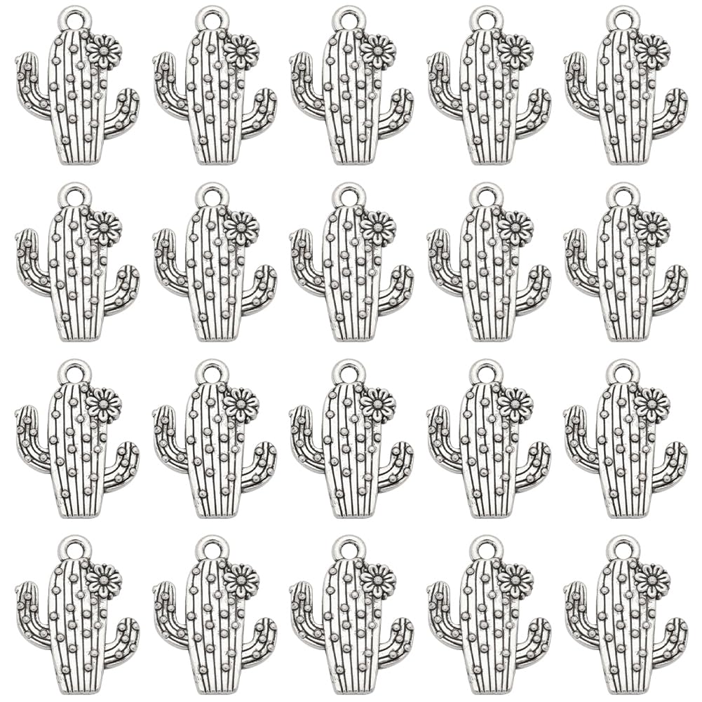 SUNNYCLUE 1 Box 100Pcs Silver Cactus Charms Antique Desert Charm Tibetan Vintage Alloy Flower Plants Charm Bulks Bead for jewellery Making Charms Necklace Bracelet DIY Craft Findings Supplies