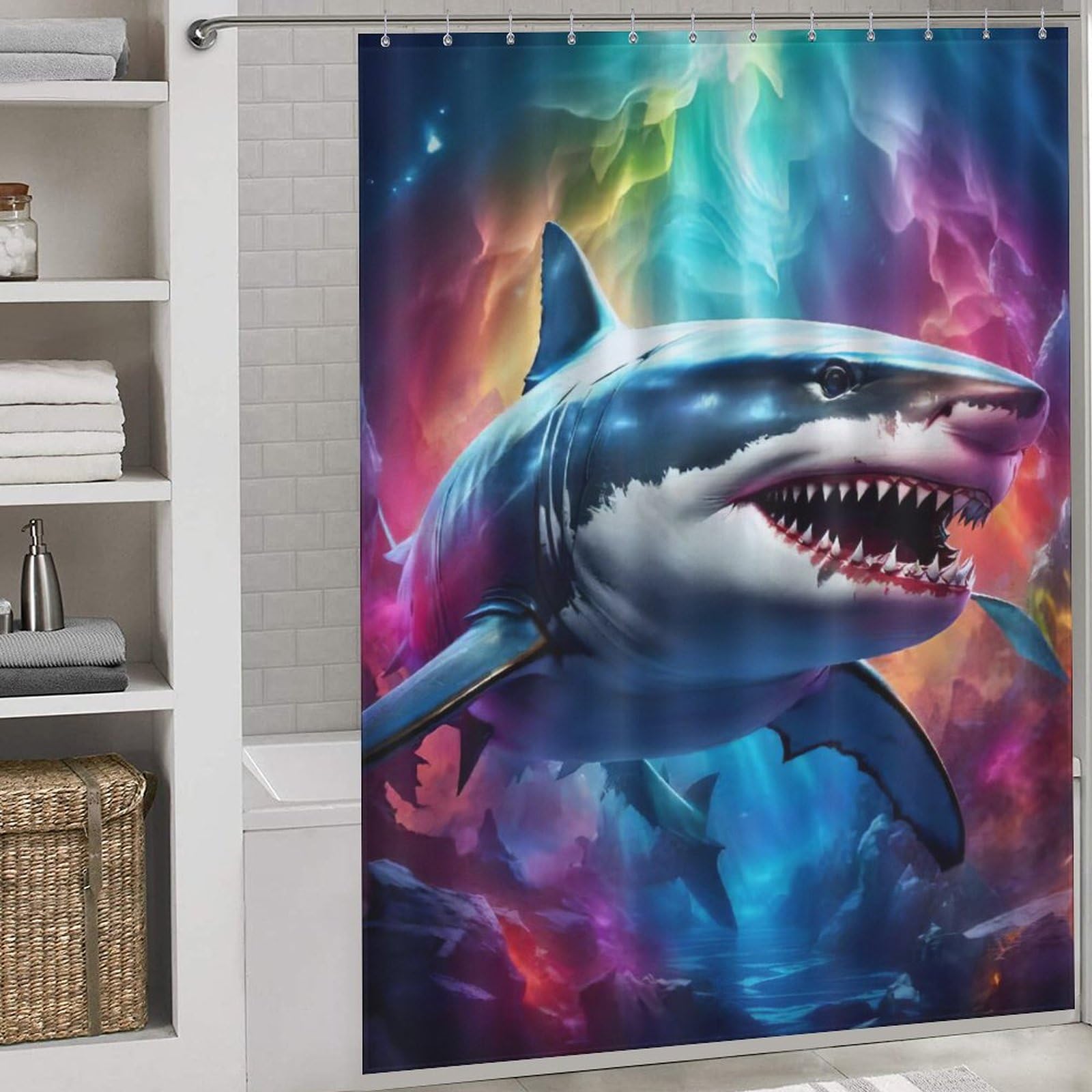 Rideau de douche requin en polyester lavable 168x183cm avec 12 crochets