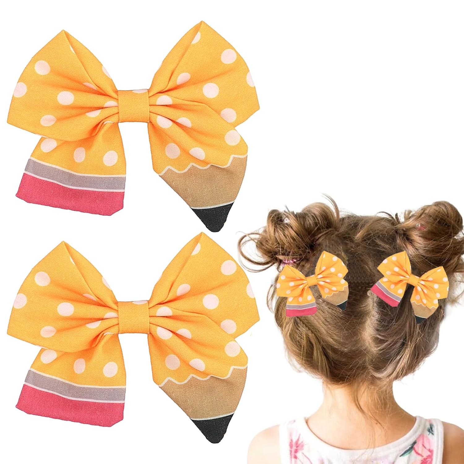 Back to School Hair Bow Clips 2Pcs Yellow Pencil Hair Clips with Polka Dot Pencil Design Cute Pencil Hair Barrette First Day of School Hair Accessories for Girls