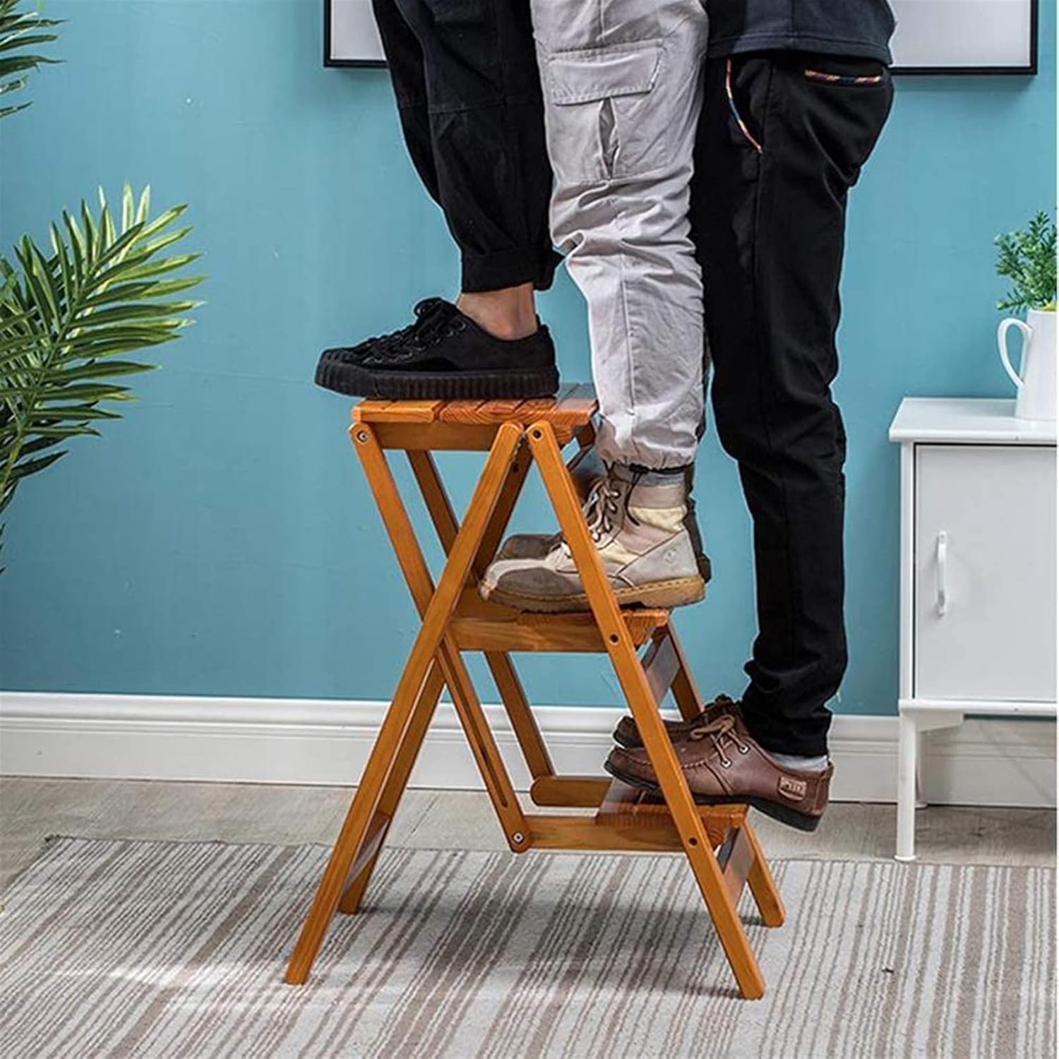 Multifunctional Stepladder, Home Folding Stair Chair Wooden Ladder All Solid Wood Ladder Chair Dual-Purpose Step Ladder Stool Stepladder (Size : Black)