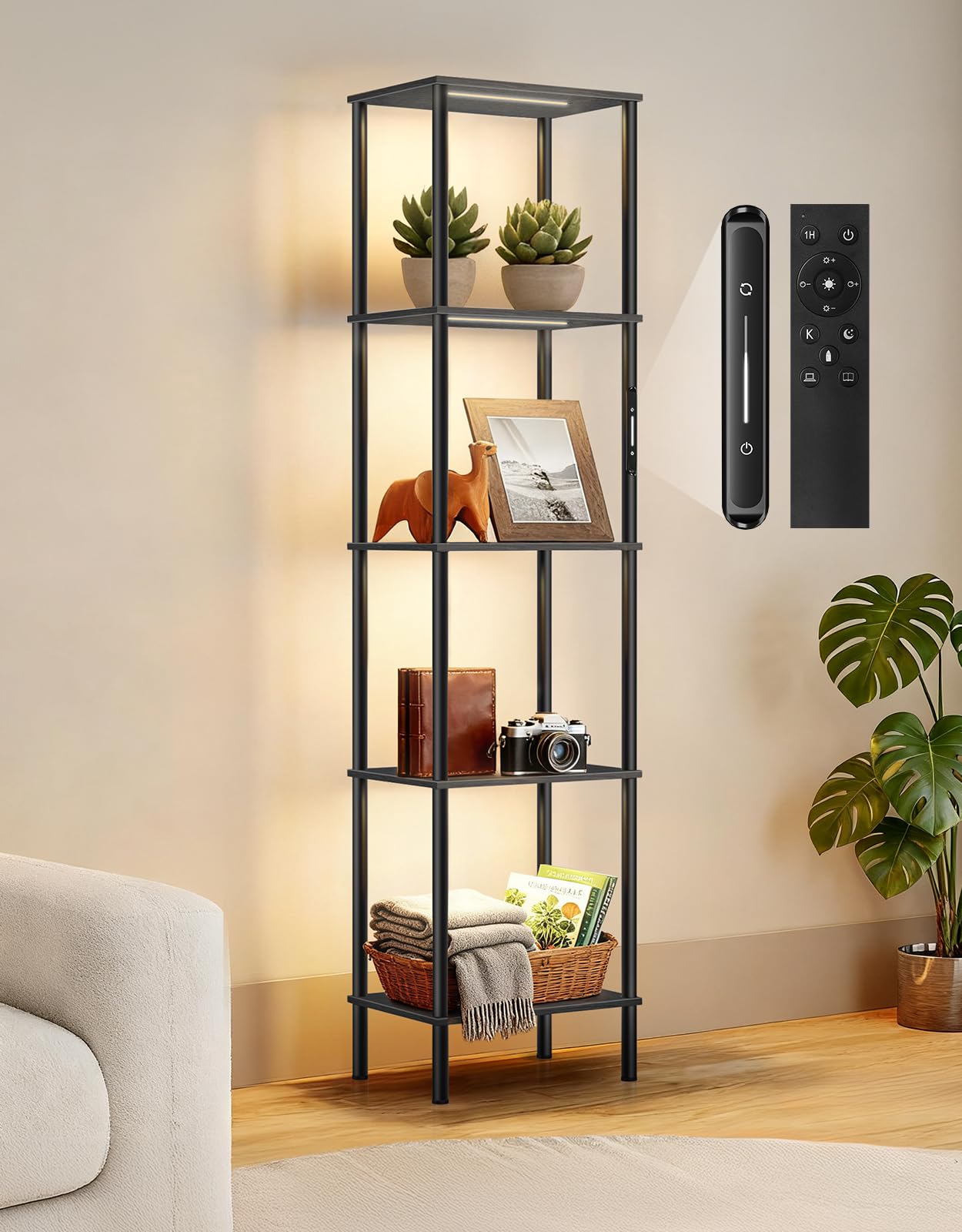OUTONLIFE Lámpara de Pie con Estantes de 5 Niveles, LED Regulable con Control Táctil y Remoto, 3 Temperaturas de Color, Librero de Esquina Alto para Salón, Dormitorio u Oficina