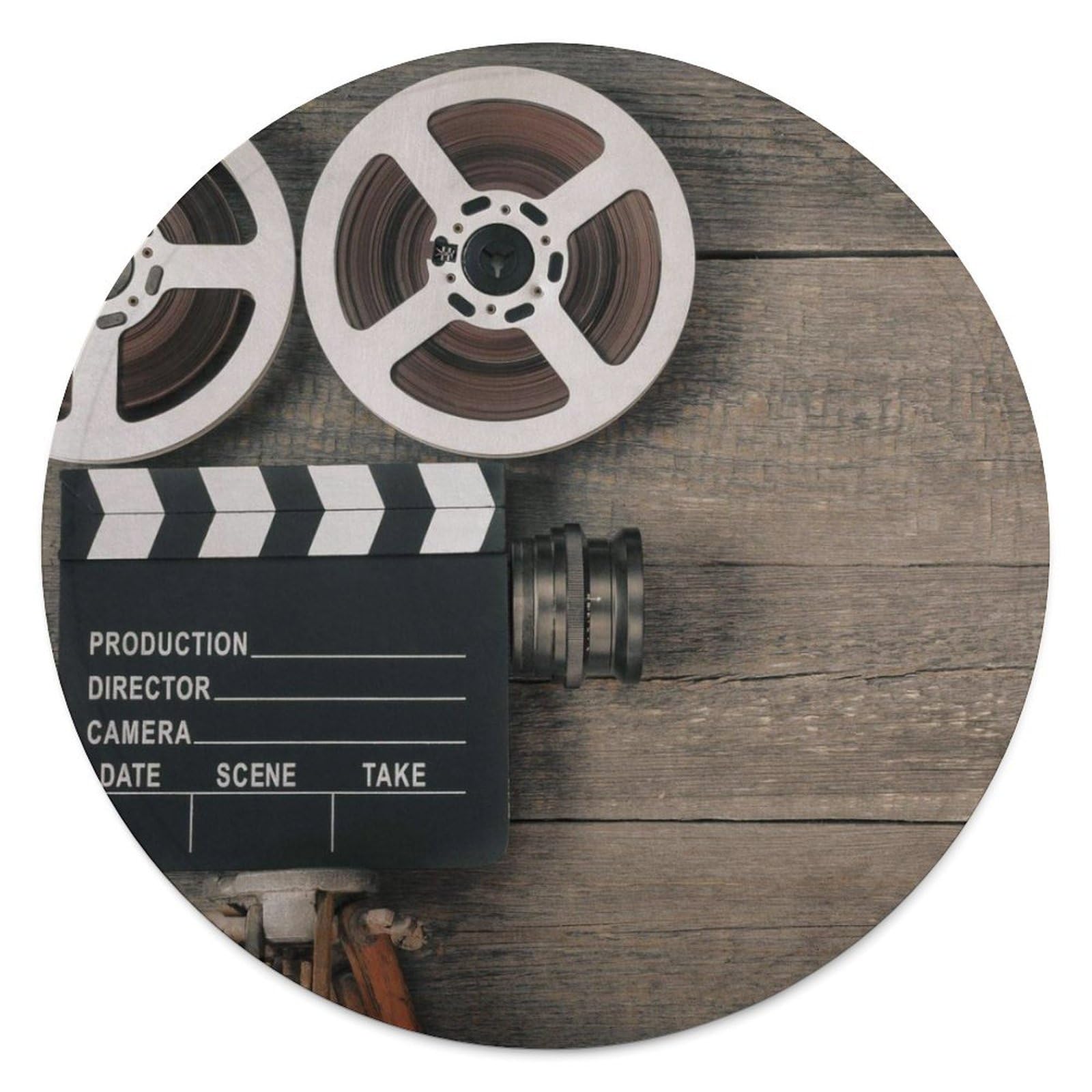 Couverture ronde en flanelle 150cm motif appareil photo de cinéma jeté de canapé
