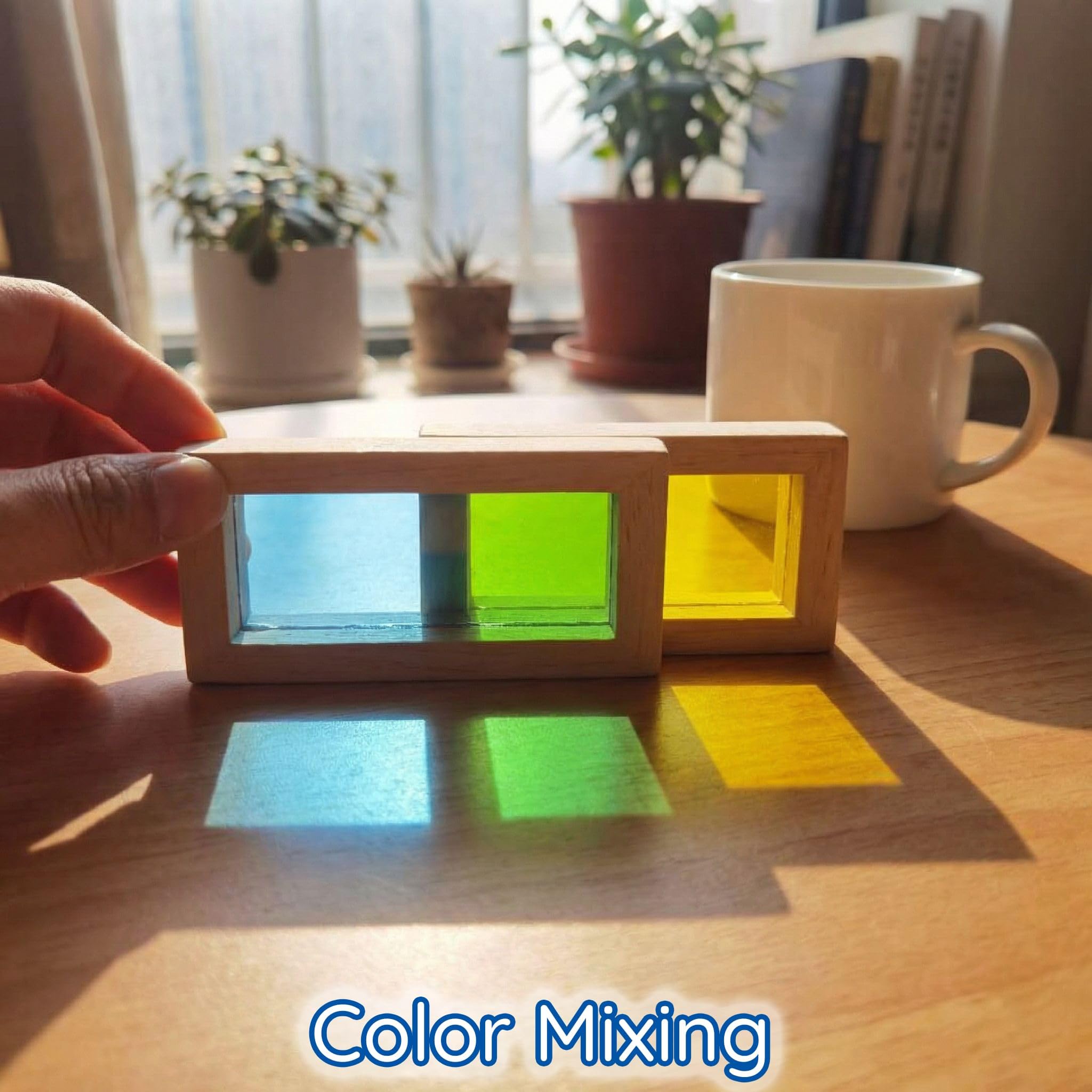 BOHS Bloques de Construcción Translúcidos de Madera, 24 Piezas | Seis formas geométricas y cuatro colores; juego en mesa de luz o ventana; mezcla cromática, motricidad fina y creatividad