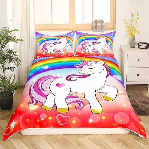 Erosebridal Funda de edredón de unicornio tamaño matrimonial, juego de ropa de cama de arcoíris para niñas y niños, bonita funda de edredón de