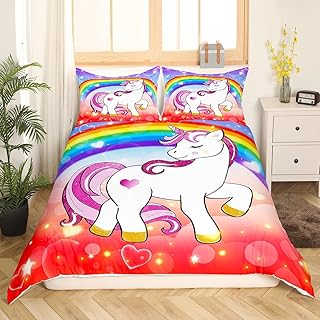 Erosebridal Unicorn Duvet Cover Full, Rainbow Bedding Set for Girls Kids, Cute Unicorn Animal Comforter Cover, Purple Red Kawaii Horse Bedroom Decor Glitter Stars Cartoon Heart Pattern Quilt Cover