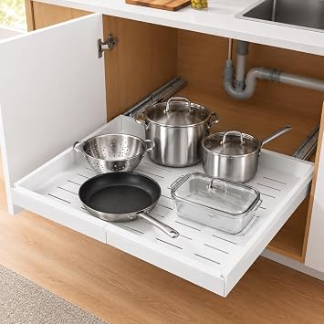 Orret Home Teleskopik Dolap İçi Düzenleyici, Büyüyüp Küçülebilir Raylı Dolap Organizeri, Ayarlanabilir Sürgülü Mutfak Rafı, Tencere Tava Lavabo Altı Kiler Organizer, Yapıştırılabilir 32-64 cm Beyaz