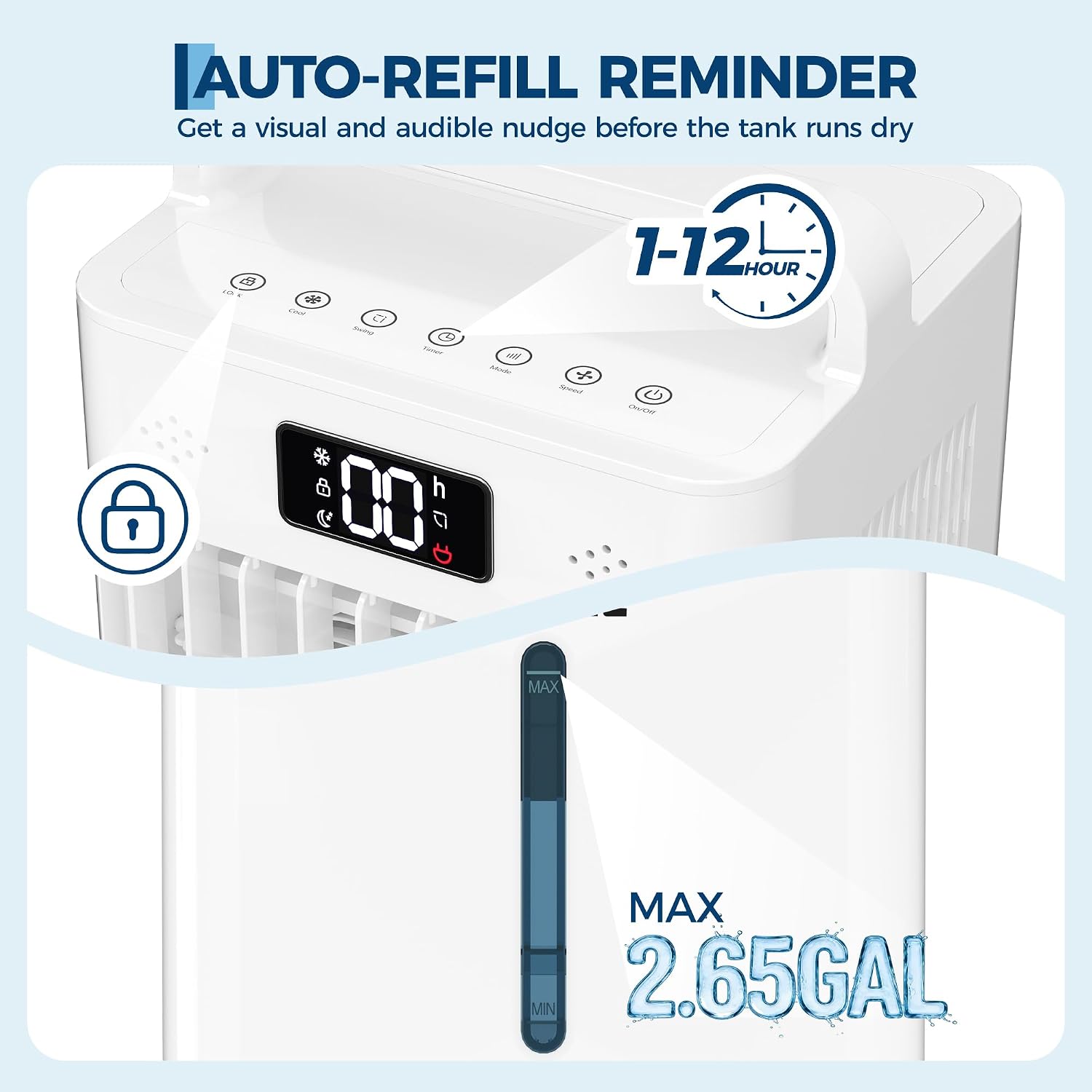 3-IN-1portable air conditioners, 2.6Gal Touch Screen Swamp Cooler with Remote Control, 6 Speeds/3 Modes/LED Display/90°+90° Oscillation, Evaporative Air Cooler inculd 4 lce Packs for Room Home Office