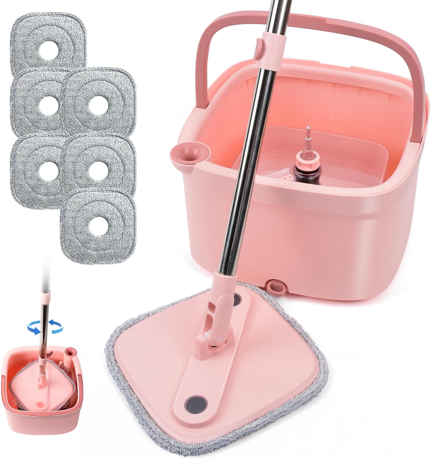 Spin Mop and Bucket Set with Self – Separating Dirty and Clean Water System, Self – Wringing, 360° Rotating Clean Mop – Head for Hardwood, Tile and Marble Floors with 6 Pads – Pink Spin Mop and Bucket Set with Self – Separating Dirty and Clean Water System, Self – Wringing, 360° Rotating Clean Mop – Head for Hardwood, Tile and Marble Floors with 6 Pads – Pink
