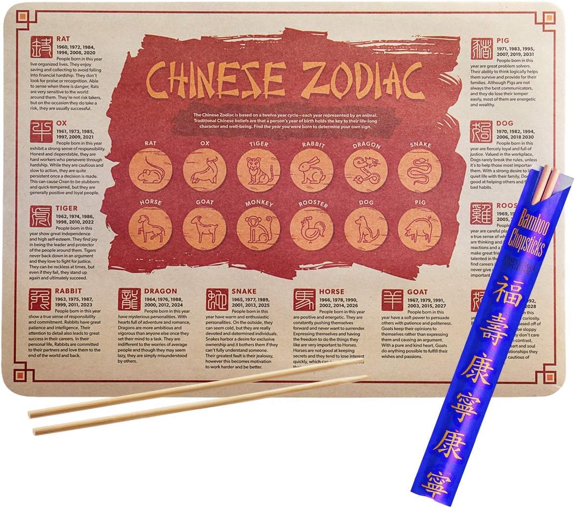 ILOILOKA YuanKanJu Combo Chopsticks and Placemat, Set wit 50 9" Premium Disposable Bamboo Chopsticks, Sleeved, Separated with 50 Chinese Zodiac Paper Placemats Place mat for Chinese Events Disposable