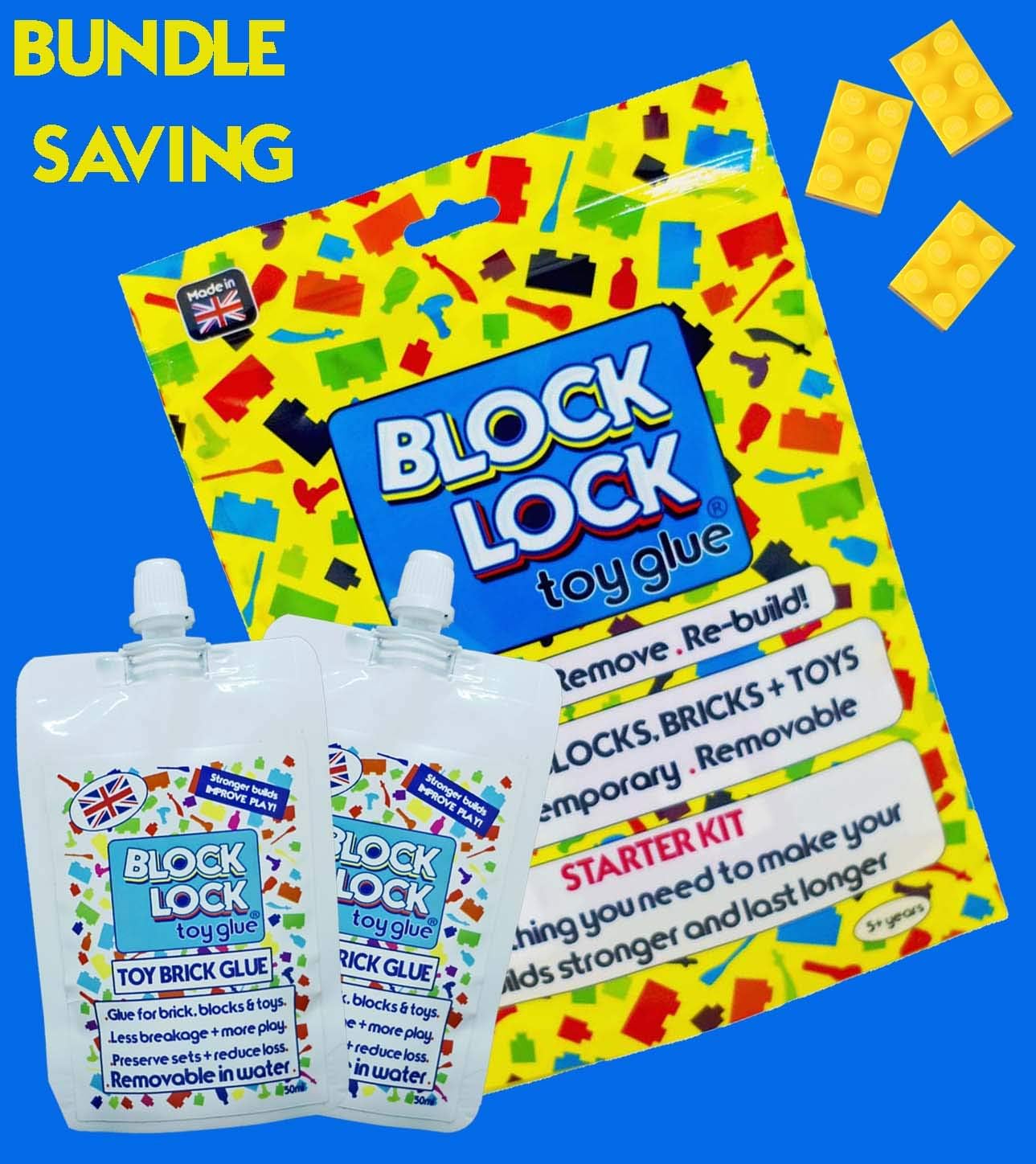 3 BUNDLE OFFER -BLOCK LOCK toy glue for LEGO MEGA BLOK KINEX building bricks. Customising clothes. Biodegradable + Removable. SAVER BUNDLE 2 x 50ml POUCH + STARTER KIT