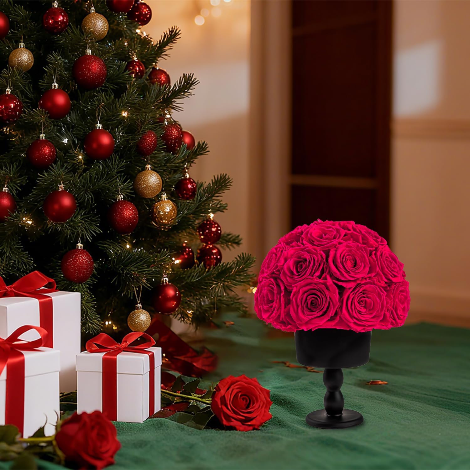 Eternal Rose Dome with Vintage Pedestal, 23 Forever Preserved Roses Arrangement for Home Decoration, Ideal Gift for Christmas,Valentine's Day, Mother's Day, Birthdays - Image 2