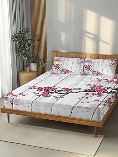Water Ink Painting Cherry Flowers Fitted Sheets Bedding Full Fitted Sheet, Bottom Sheets with Pillow Cases White Wood Board Soft Bed Sheet Set with Deep Pocket Fits Mattress