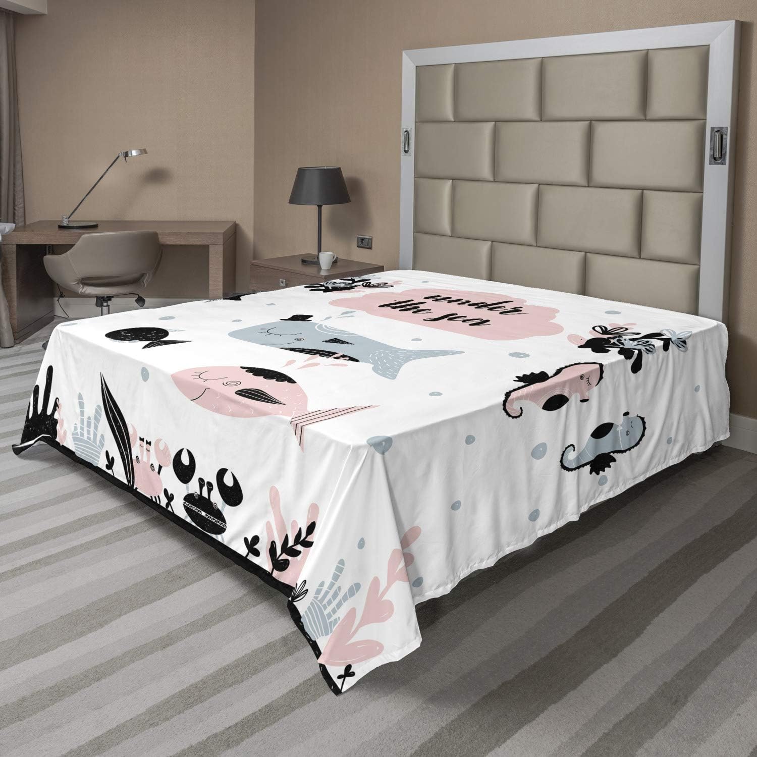 Ambesonne Cartoon Flat Sheet, of with Animals and Under The Sea Lettering, Soft Comfortable Top Sheet Decorative Bedding 1 Piece, Full Size, Pale Blue Grey Pale Pink