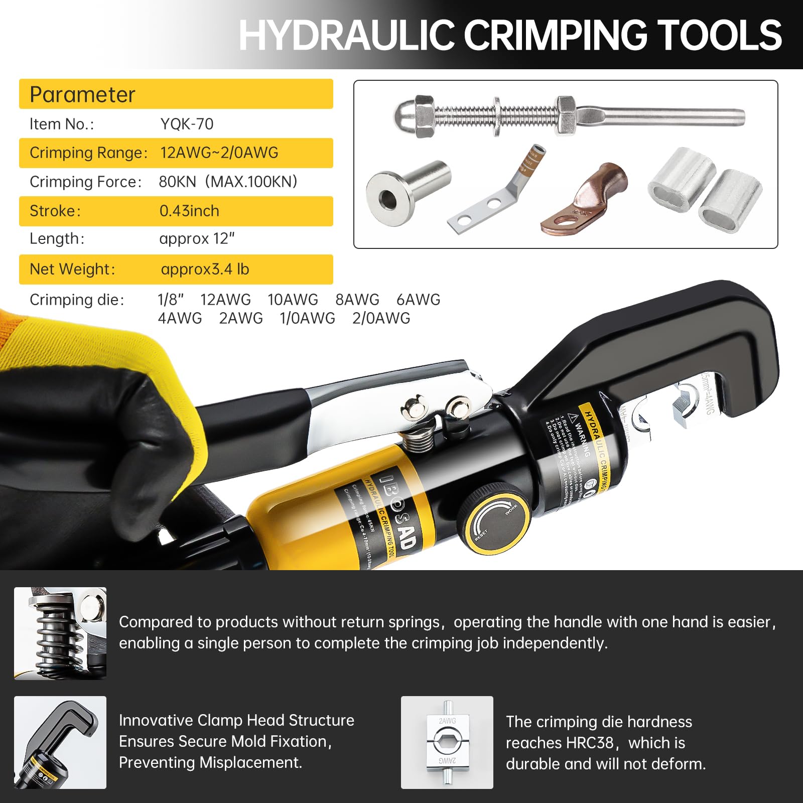 IBOSAD Hydraulic Crimping Tool & Cable Cutter – 8 US Ton, 12 AWG To 2/0 AWG, 9 Die Sets, 180° Rotatable Head, Yellow Carrying Case