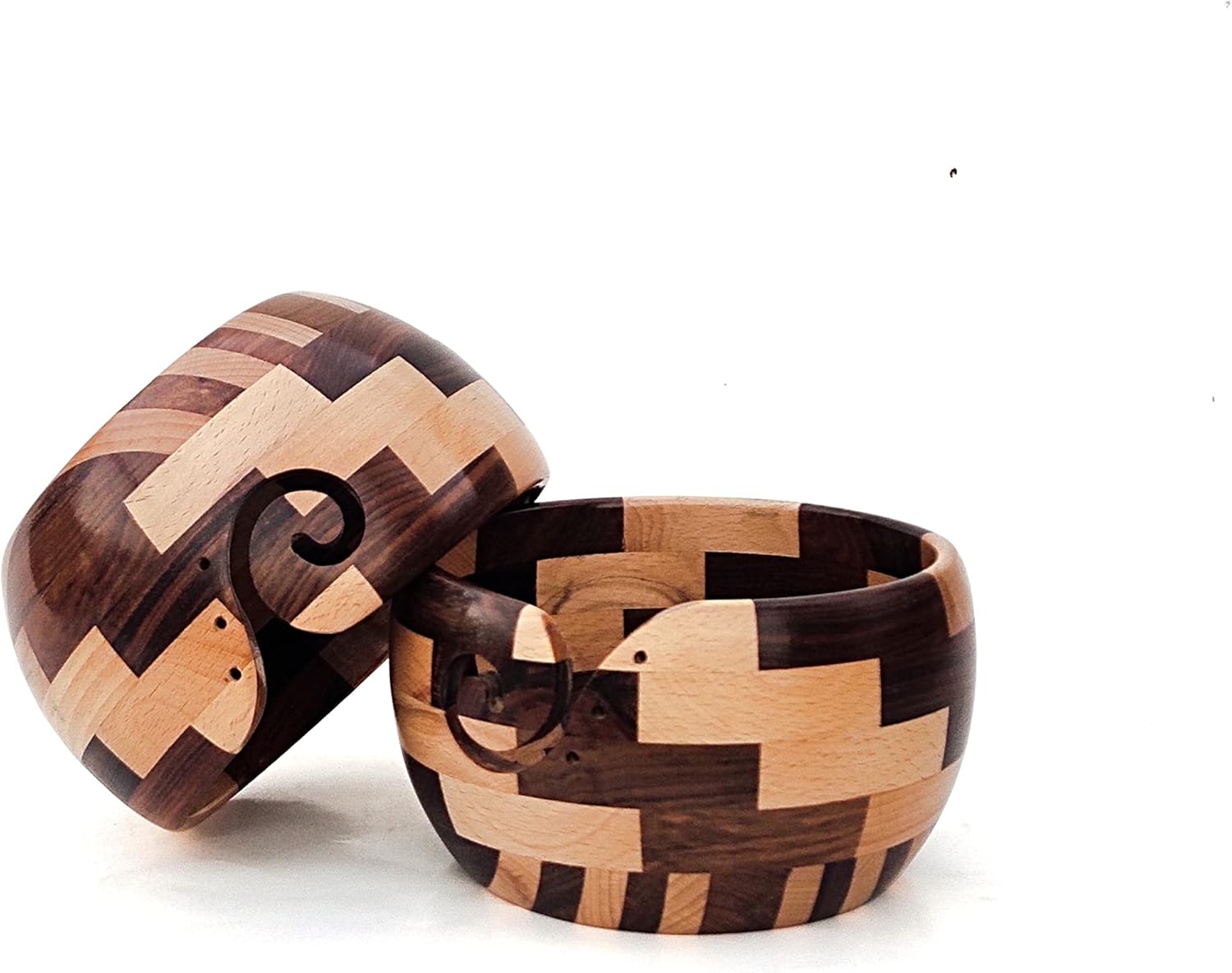 Wooden Yarn Bowl - Wooden Mixed Premium Yarn Crochet Bowl - Handmade Knitting Wool Storage Yarn Bowl for Yarn Balls & Skeins, Birthday Gifts for Mom & Knitting Lovers. (6" x 6" x 3")