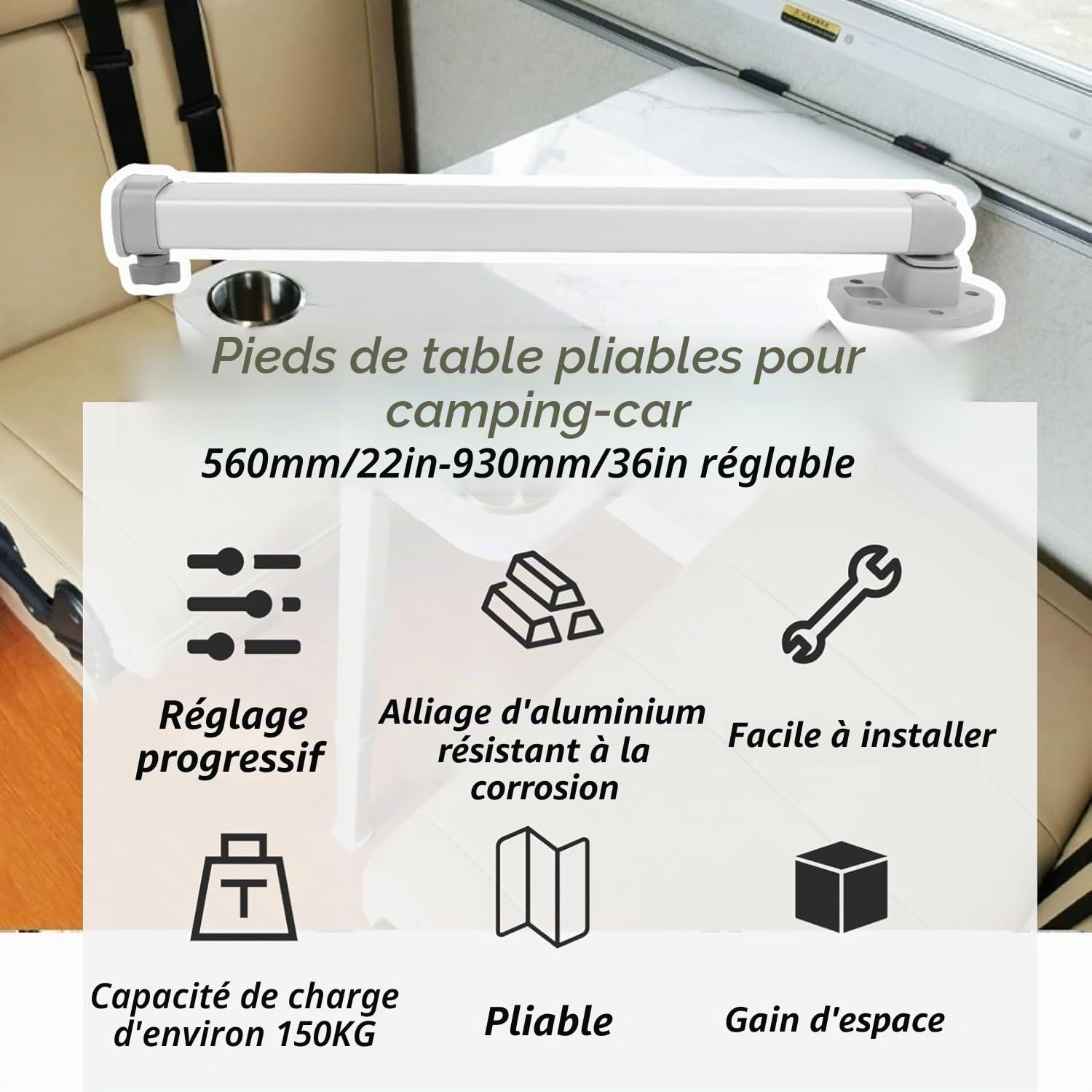 Pied de Table Télescopique Réglable, Pliant, Alliage d'Aluminium, 560-930 mm, pour Camping-Car, Bateau, Yacht