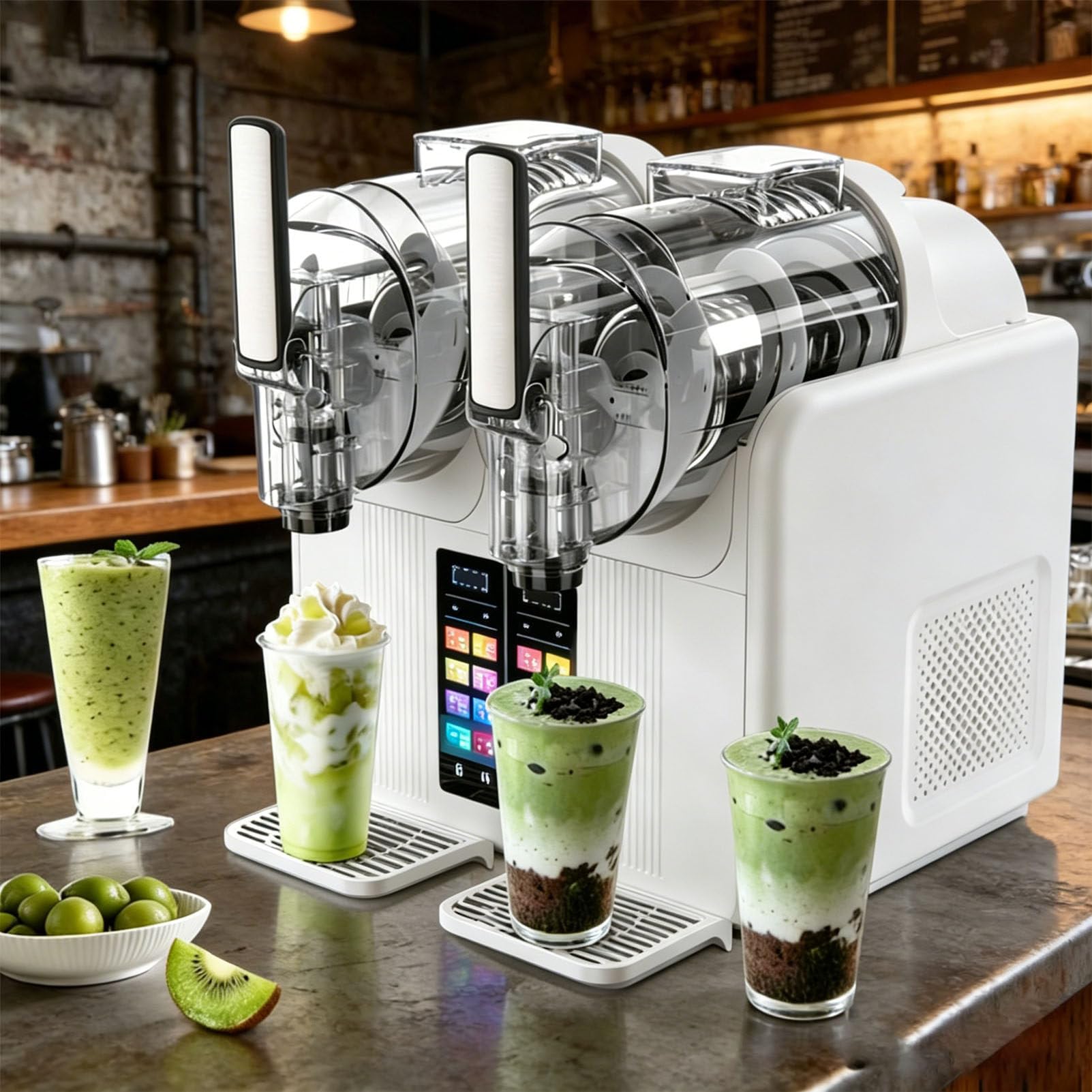 Pfps 430W Commercial Slushy Machine, Multi-Functional Frozens Slushie Machine, 2x0.53 Gal Tanks, Child Lock, Self-Cleaning, No Ice Needed, for Cafe Restaurant White