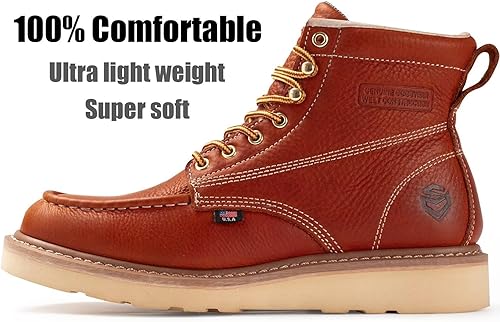 Miniatura 2 de SUREWAY Botas de trabajo de cuña de 6 pulgadas para hombre, puntera suave, cuero de grano completo de primera calidad, botas de trabajo ligeras,