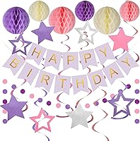 Vista 20 de meowtastic - Decoraciones de cumpleaños, pancarta de feliz cumpleaños con bolas de panal de abeja, serpentinas colgantes de estrellas, guirnalda