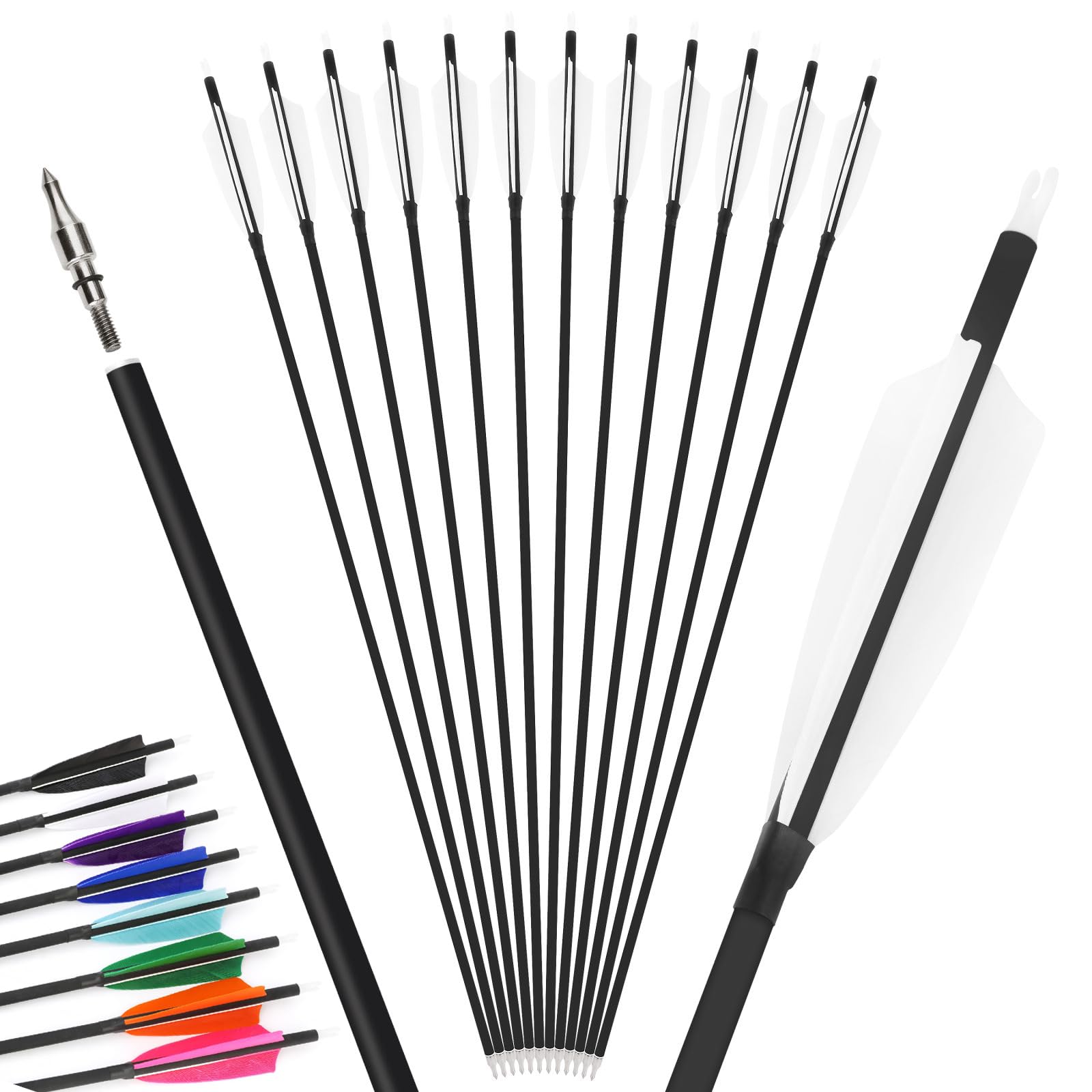 12Pcs 4inch Turkey Feather Mixed Carbon Arrow 500 Spine Archery Hunting Arrows Suit for Compound/Recurve Bow Target Practice Arrow (white, 31inch 6pcs)
