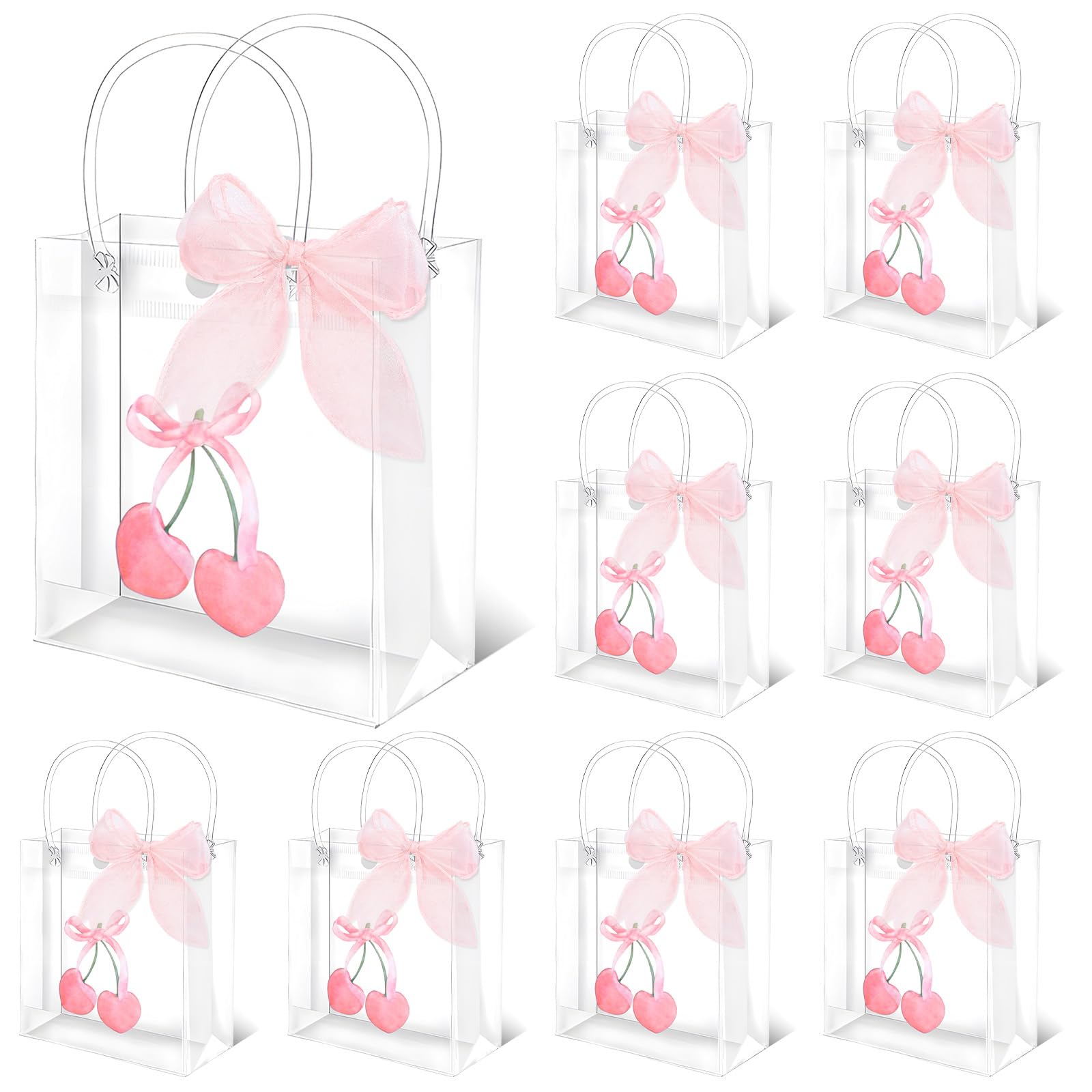 FYSUIMU 12 Pcs Pink Bow Cherry Clear PVC Gift Bags Spring Coquette Bowknot Cherry Party Favor Bags with Handles Treat Tote Bag with Ribbon for