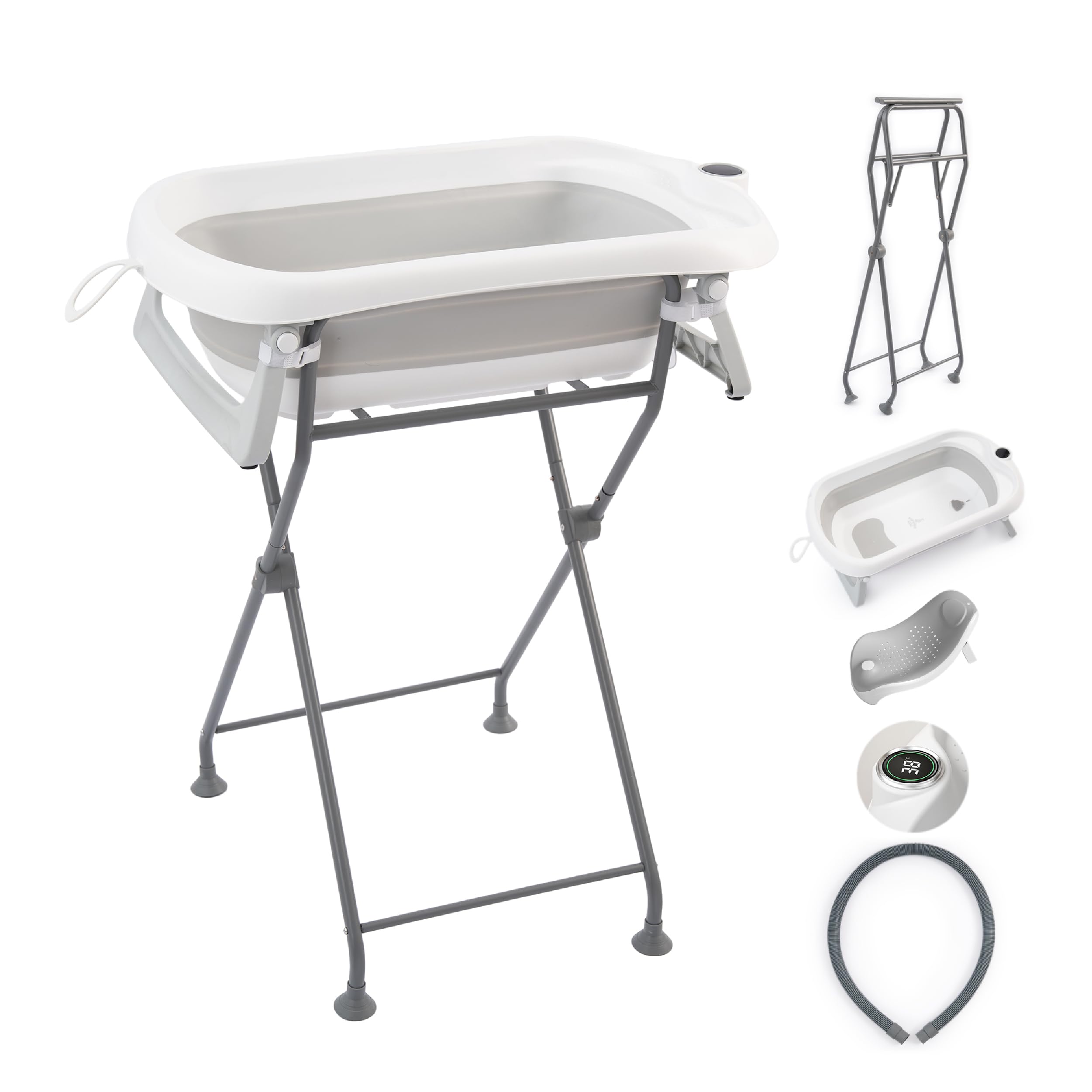 Bañera para bebé plegable con soporte, cojín de baño y sistema de evacuación