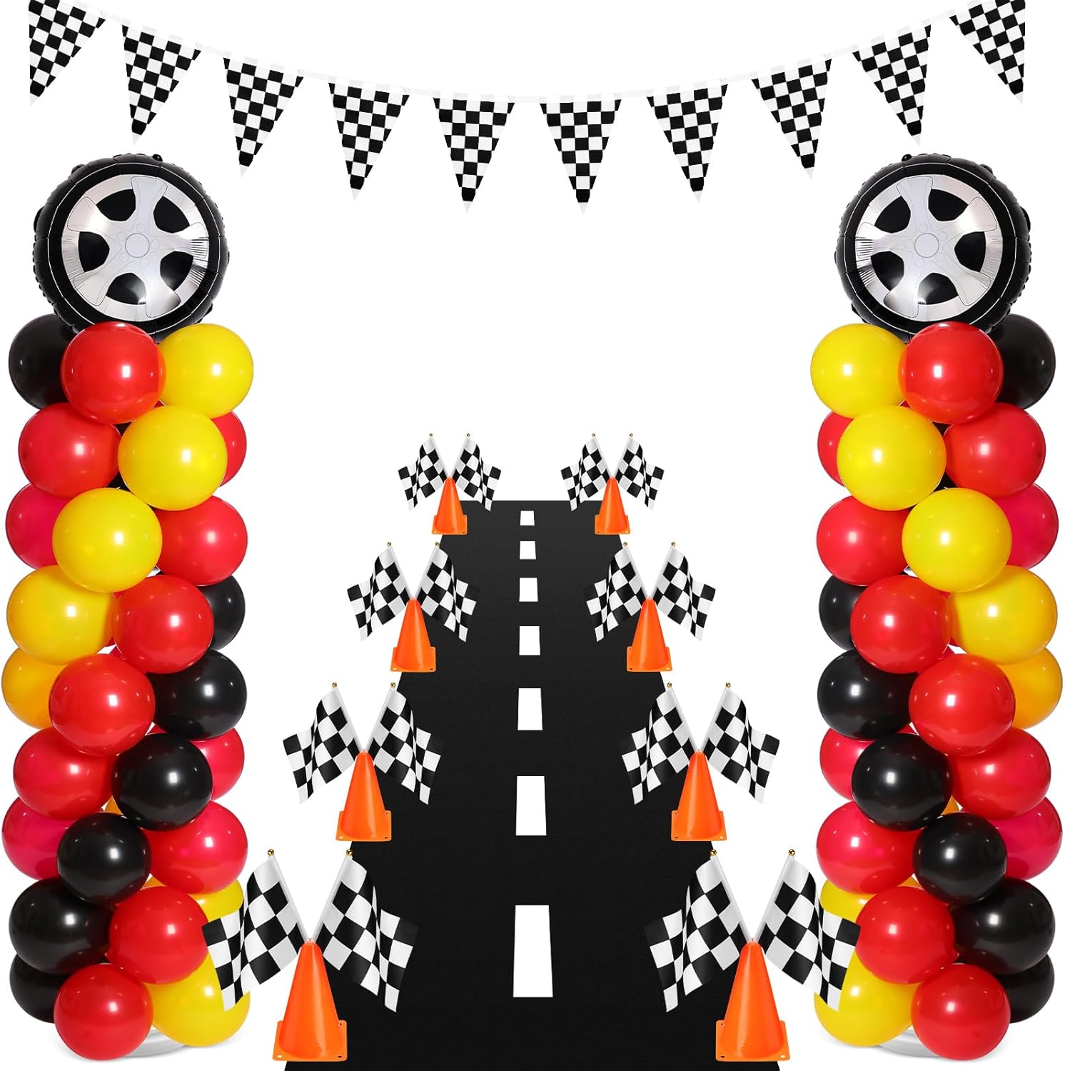 Lunmon 159 Pcs Race Car Birthday Party Decorations Includes 129 Traffic Lights Balloon Stand Set 2 Inflatable Wheel Tire 8 Traffic Cones Racing 16 Waving Flags 1 Grid String Flags 1 Racetrack