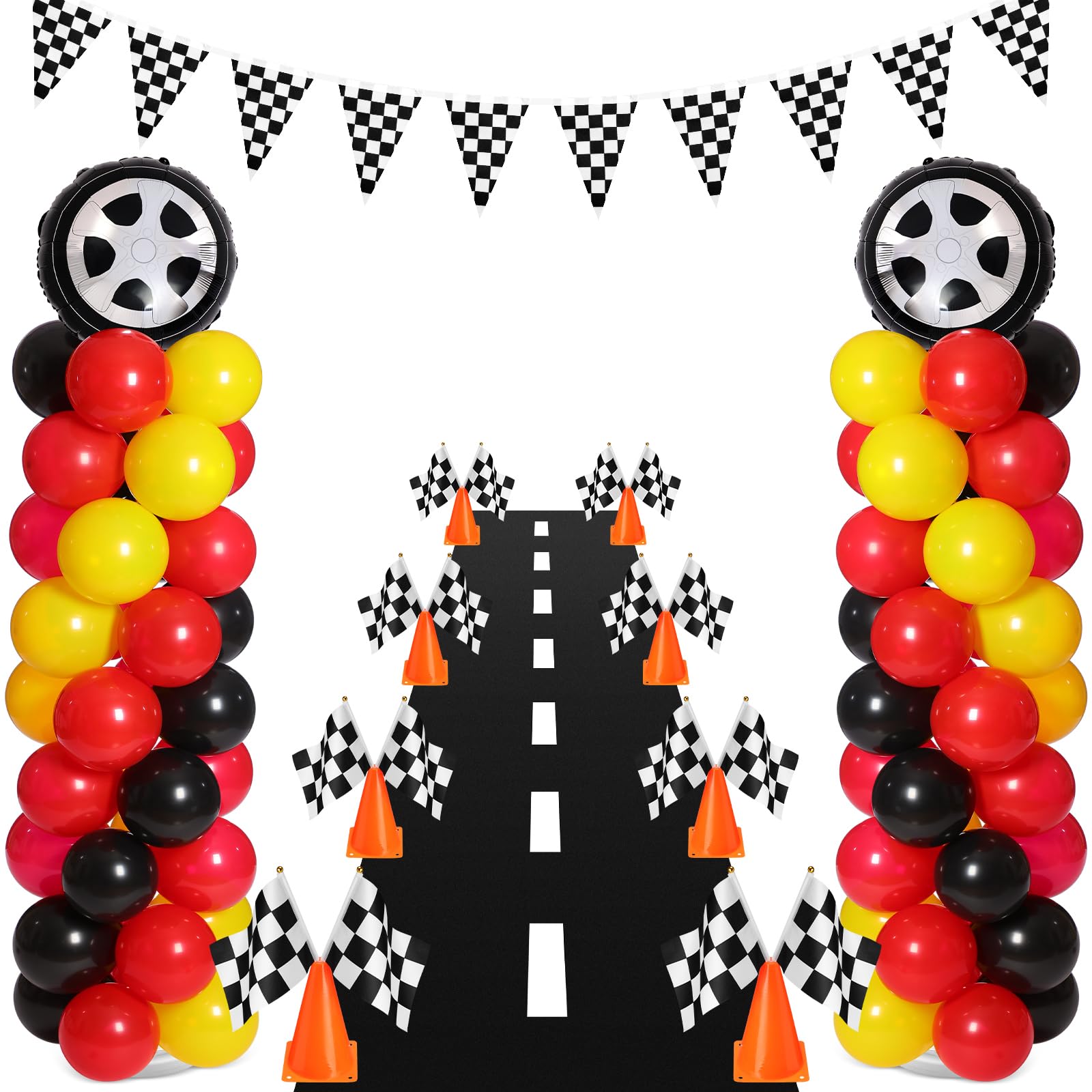 Lunmon 159 Pcs Race Car Birthday Party Decorations Includes 129 Traffic Lights Balloon Stand Set 2 Inflatable Wheel Tire 8 Traffic Cones Racing 16