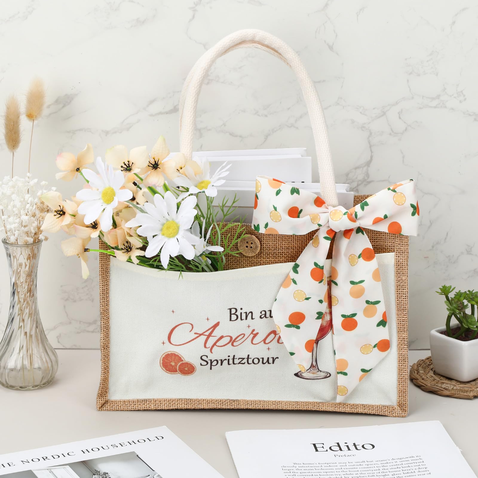 Aperol torba na prezent, 32 x 22 x 13 cm, torba Aperol Spritz z 1 jedwabnym szalikiem, torba na zakupy z motywem apperolu, torba jutowa dla dziewczyny, koleżanki i miłośników apperolu