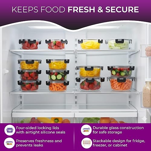 Miniatura 5 de Recipientes de vidrio para almacenamiento de alimentos con tapas herméticas de bloqueo a presión para preparación de comidas, sobras, para hornear,