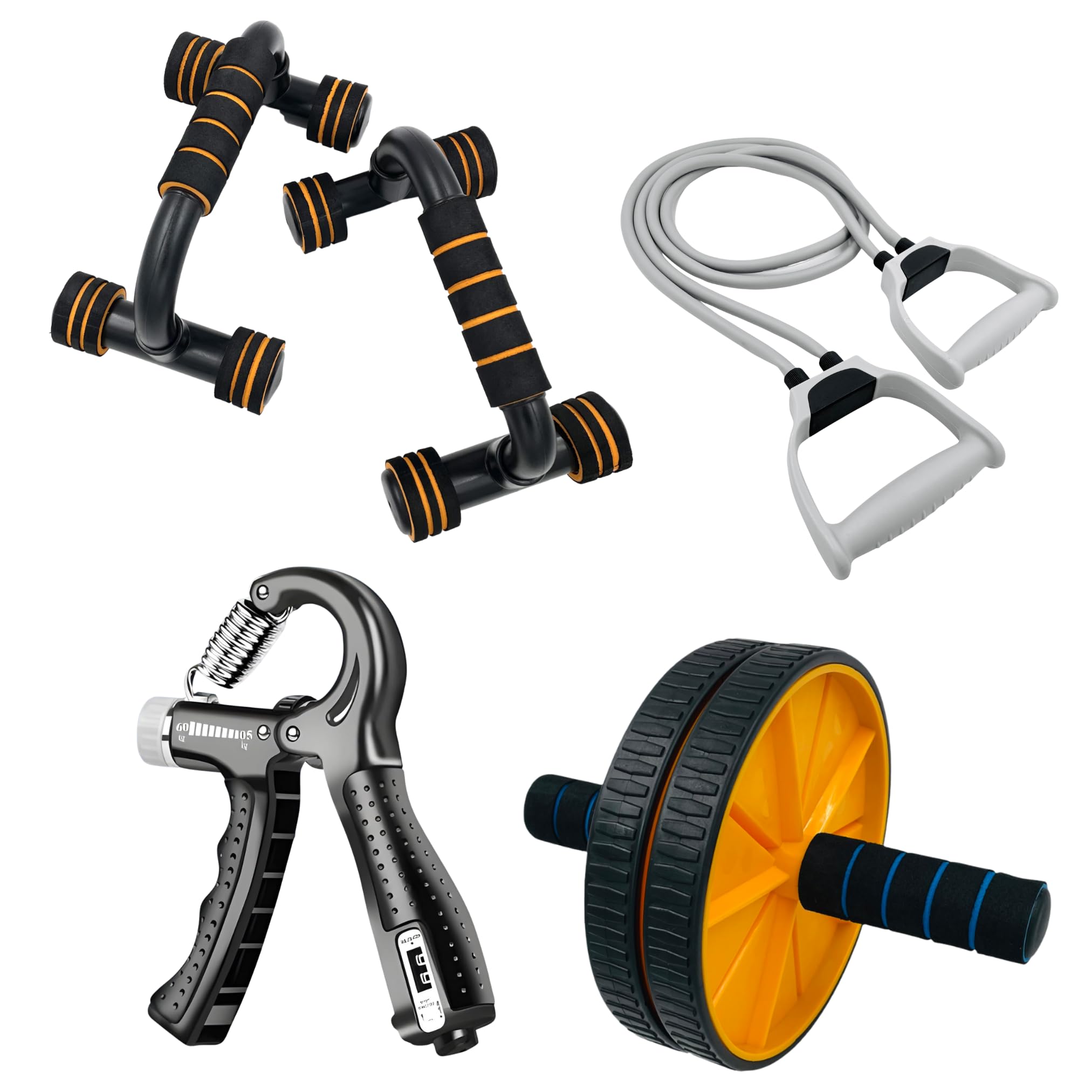 LIVOX Double Abs Wheel Roller Toning Resistance Tube Band with Push-up Bar Gym Exercise Equipment Combo Set for Men and Women Home Workout Kit