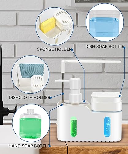Miniatura 2 de Juego de dispensador de jabón de manos y jabón para platos para cocina, dispensador de jabón doble con soporte para esponja y soporte para paños de