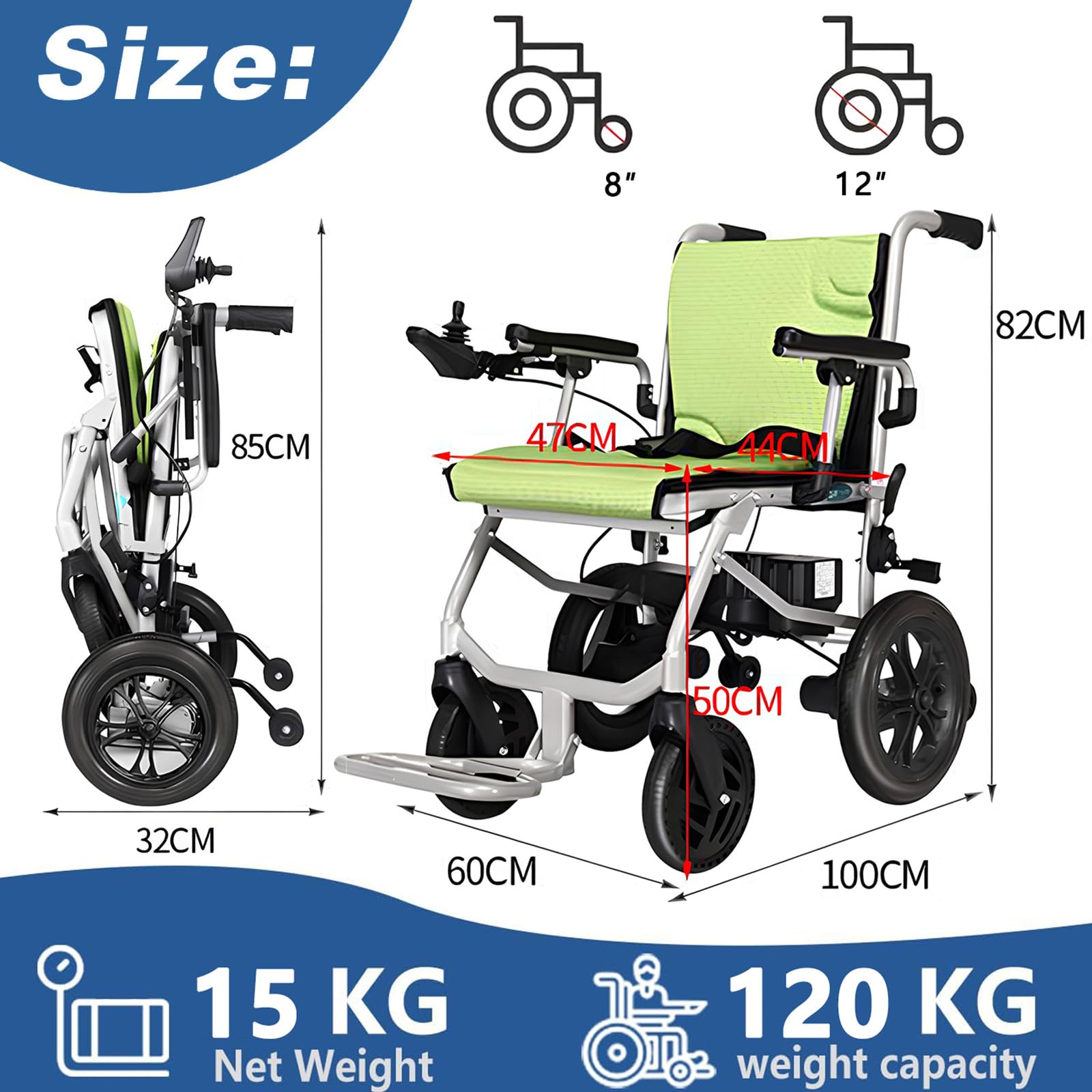 Silla de ruedas eléctrica plegable ligera, scooter portátil de movilidad para personas mayores, capacidad de 120 kg, motor de 400 W, alcance de 20 km, freno automático de doble control
