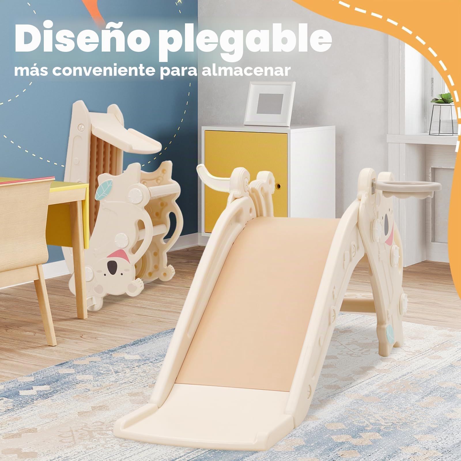 Tobogán infantil 4-en-1 con canasta y anillas. Estructura plegable, antideslizante, ideal 2-4 años