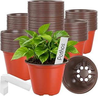 200 Pack Nursery Pots 4 in, Red Plastic Pots for Plants with Lables | Drainage Holes, Labels, Easy to Use, Flexible Plastic, Flower Seedling, Succulents, Cuttings, Transplanting, Indoor Outdoor