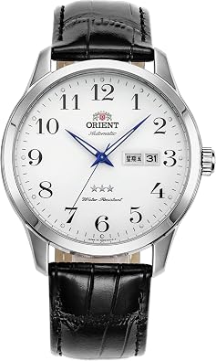 Orient Tristar 3 Star Automatic Watch for Men, Classic White Dial Blue Hands Leather Brand Dress Watch Stainless Steel RA-AB0004S0BD
