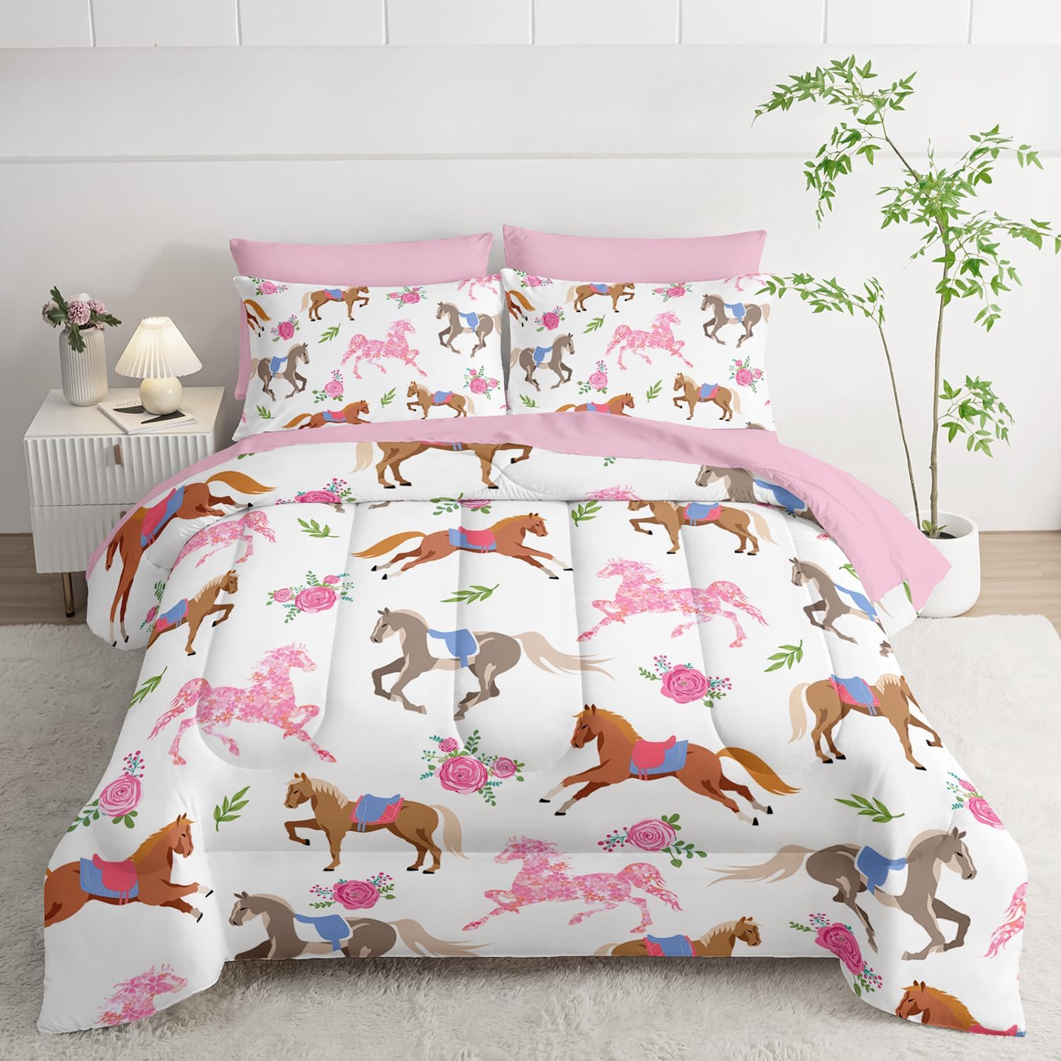 HOSIMA 7Pcs Kawaii Pink Rose Horse Twin Comforter Set with Sheets Princess Bedding,Cute Animal Twin Bedding Sets for Girl Teen Aesthetic Room Decor,Colorful Pony Bed in a Bag with 4 Pillowcases. - Image 2