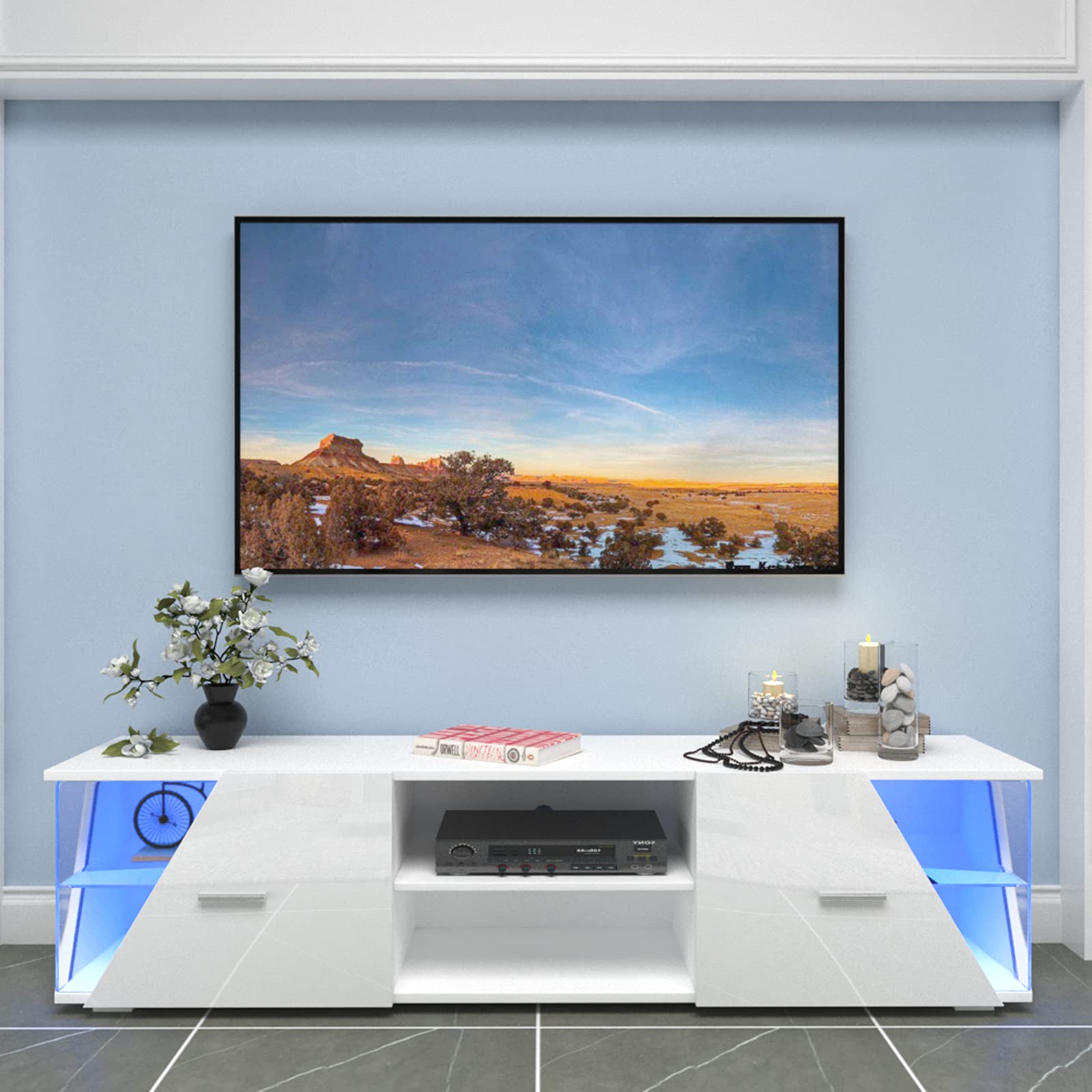 Dripex Meuble TV Bas Blanc Brillant avec éclairage LED 150 x 37 x 35 cm