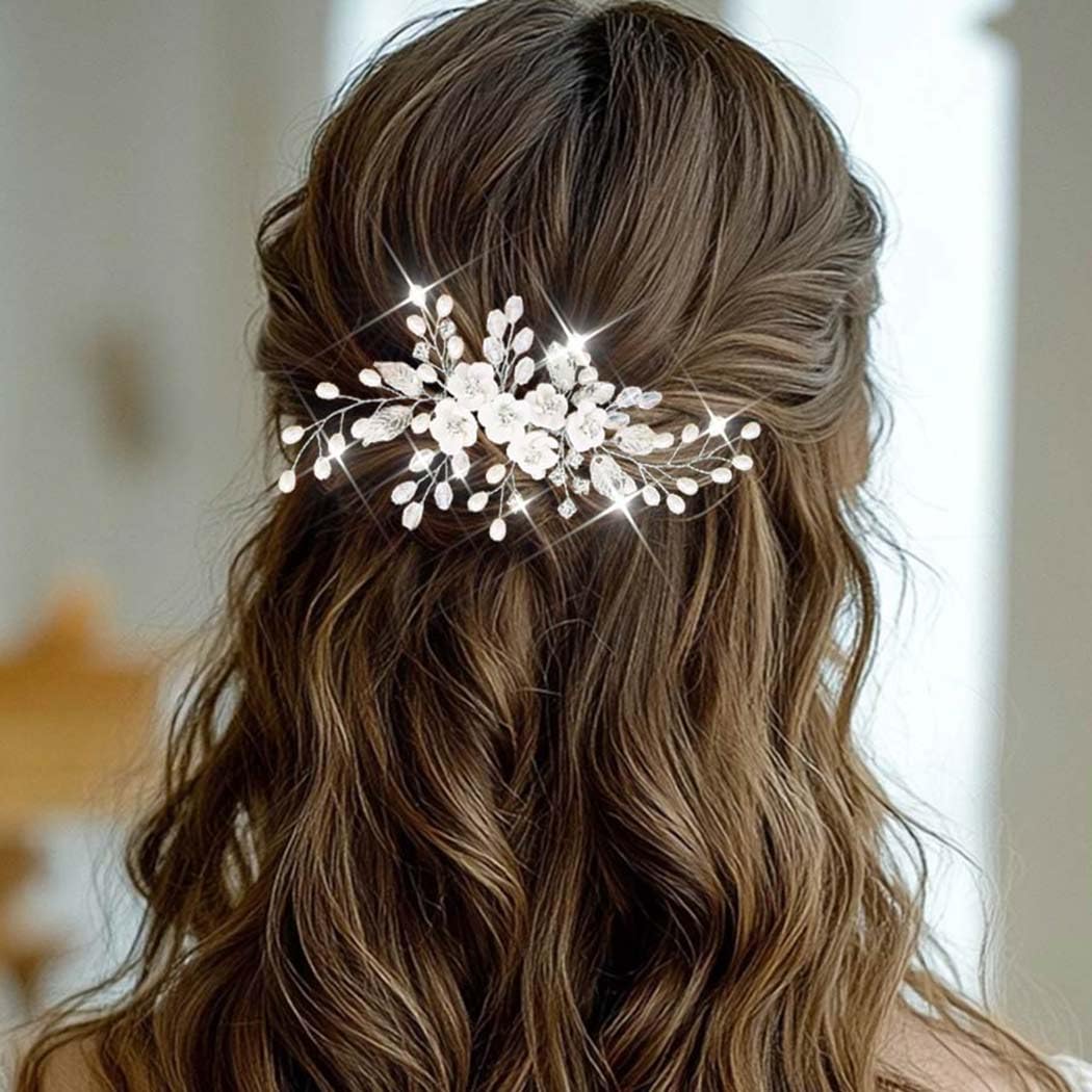 Accesorios para el pelo para novia, boda, plata, flores, peineta para el pelo, perlas, peine lateral, extensión de hoja para mujeres y niñas