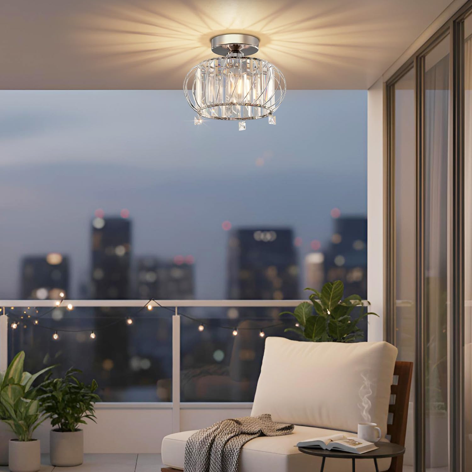 ANWIO Lustre en Cristal Moderne Argent, E27 Plafonnier Led Cuisine Ø280mm, Luminaires Intérieur pour Salon, Chambre, Salle à Manger