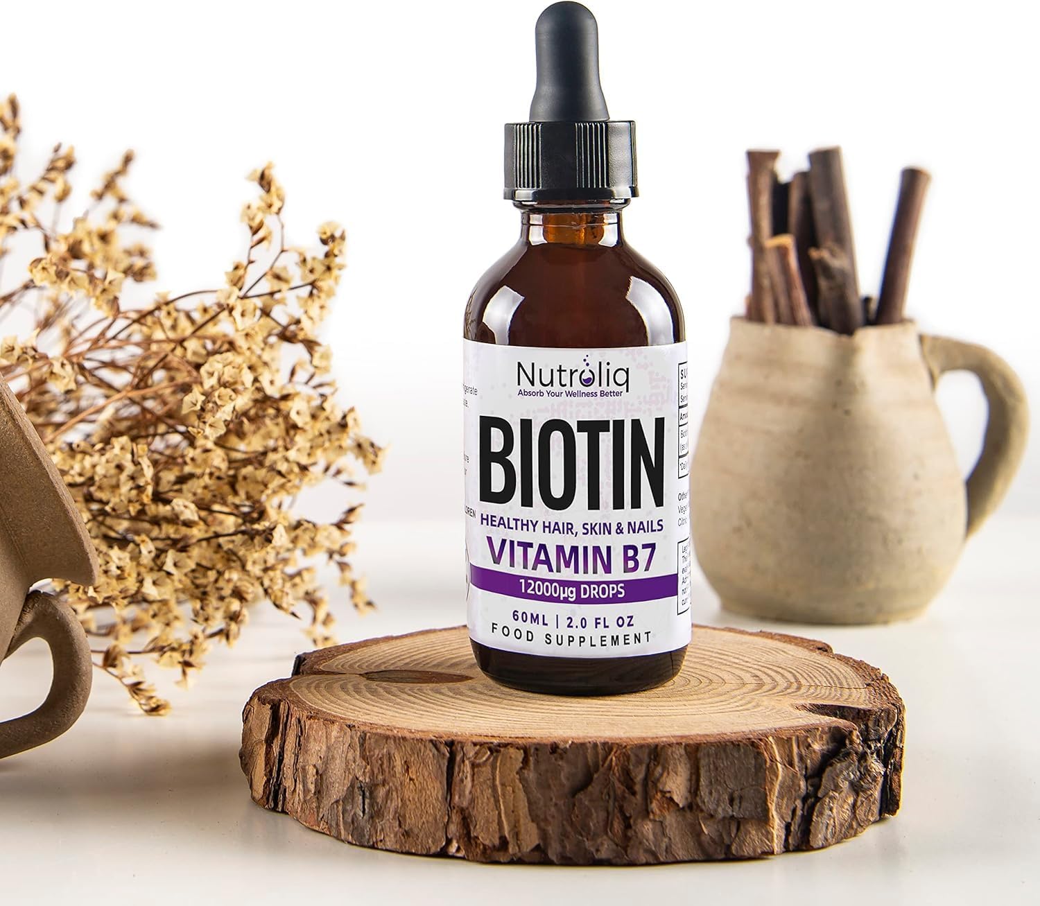 Nutroliq Biotin Liquid Drops – Vegan Vitamin B7 Dietary Supplement for Hair, Nail & Skin Health – Pure 12000mcg Biotin Drops for Hair Growth – Extra Strength Berry-Flavoured Vitamin H Serum – 60 ml