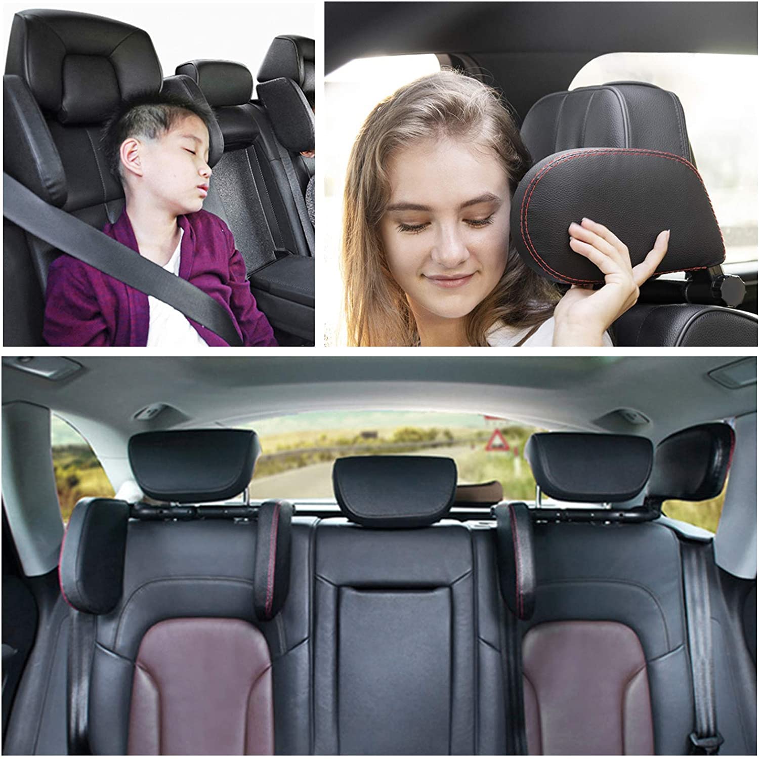 Appuie Tete Voiture, Voiture Oreillers Repose Tete Voiture Réglable, Appuie-Tête Latéral de Siège Auto en Cuir PU avec Coussin Mémoire, Confortable Support de Cou pour Voyage Adulte Enfants