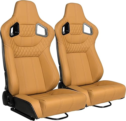 Asientos universales para carreras, cuero de PVC beige, reclinable, con doble deslizador, asiento inferior bajo (no incluye soporte de asiento)