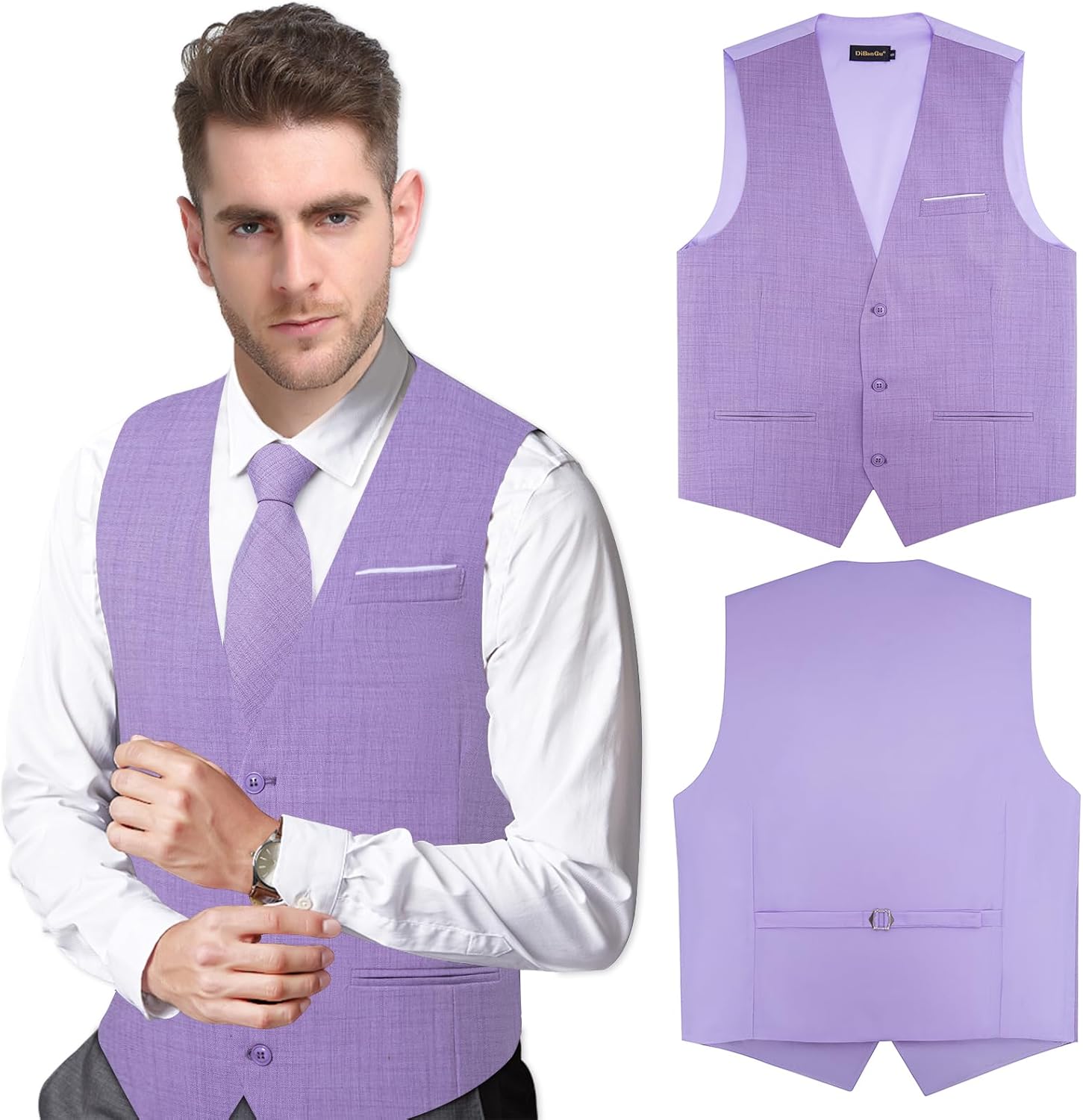 DiBanGu Mens Linen Suit Vest Casual Waistcoat and Necktie & Pre-tied Bowtie Set 6PCS Solid Color Dress Vest for Wedding Party - Image 4