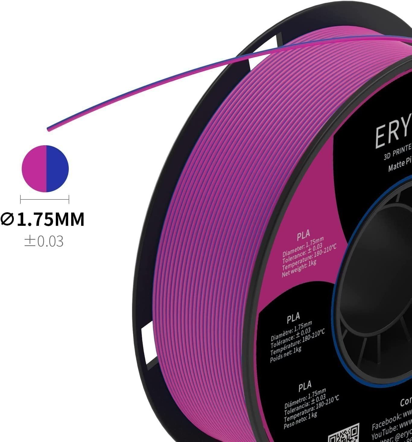 Filamento per stampante 3D PLA bicolore opaco ERYONE 1,75 mm +/- 0,03 mm, 1 kg per stampante 3D, rosa blu